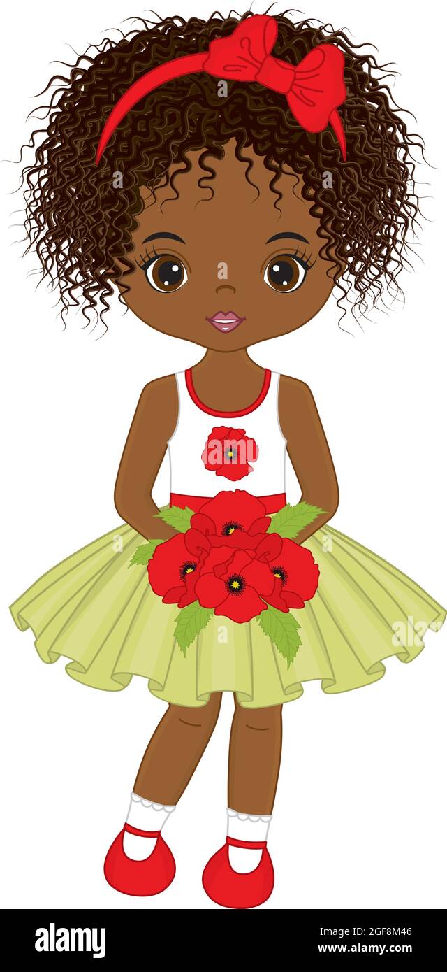 Schöne nette afrikanisch amerikanische Mädchen Holding Bouquet von roten Mohnblumen. Vektor Black Girl mit Mohnblumen Stock Vektor