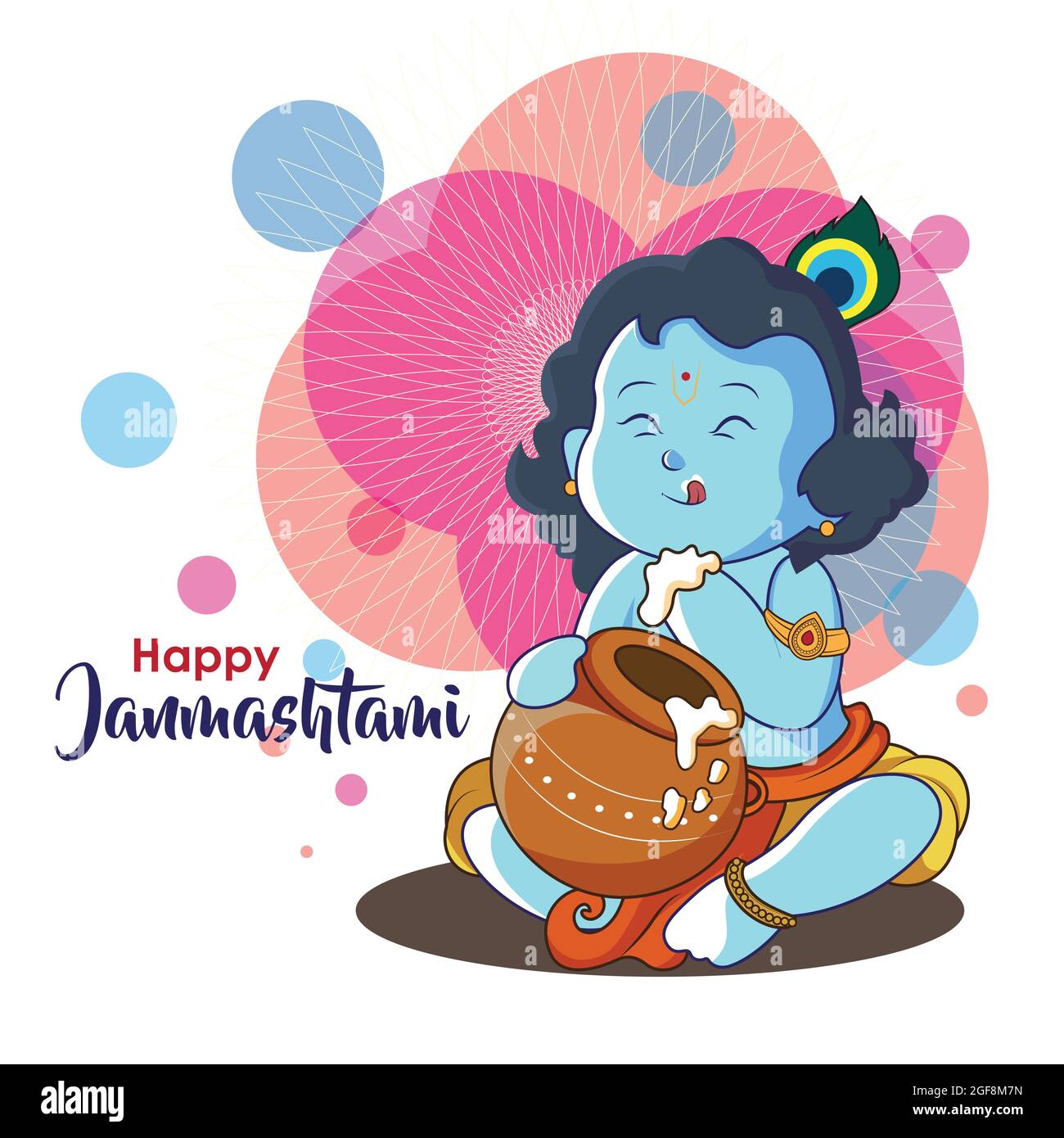 Illustration von Krishna Janmashtami. Der kleine Krishna frisst Quark aus dem Topf. Farbenfroher und attraktiver Hintergrund Stock Vektor