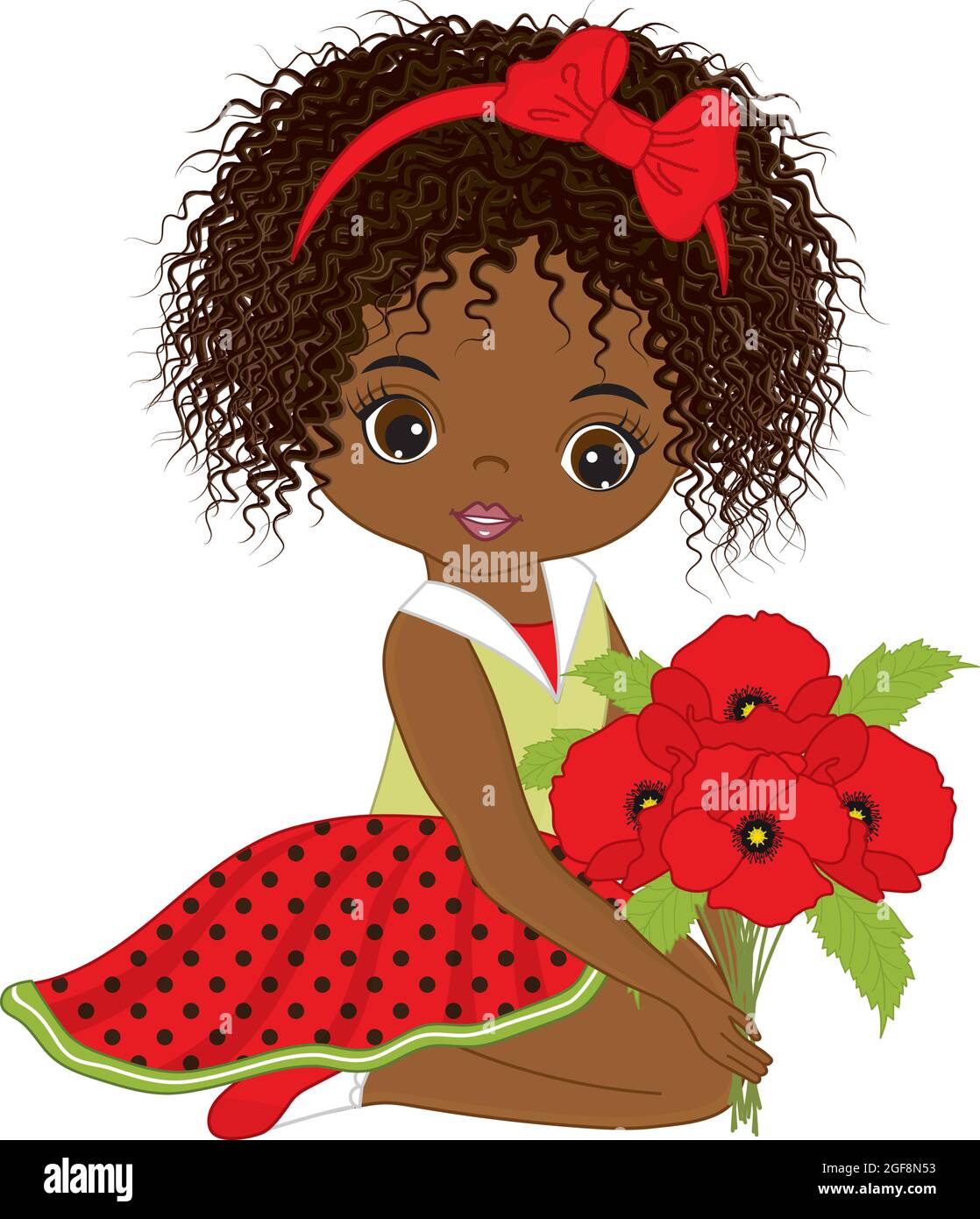 Schöne nette afrikanisch amerikanische Mädchen Holding Bouquet von roten Mohnblumen. Vektor Black Girl mit Mohnblumen Stock Vektor