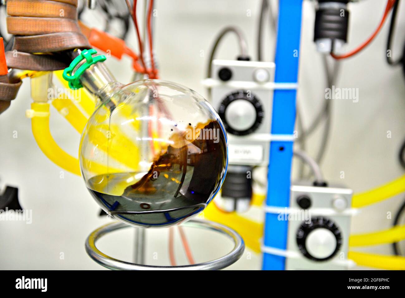 Reste der Destillation werden bei der Herstellung von Cannabisöl im Labor in einer Glasflasche hergestellt. Stockfoto