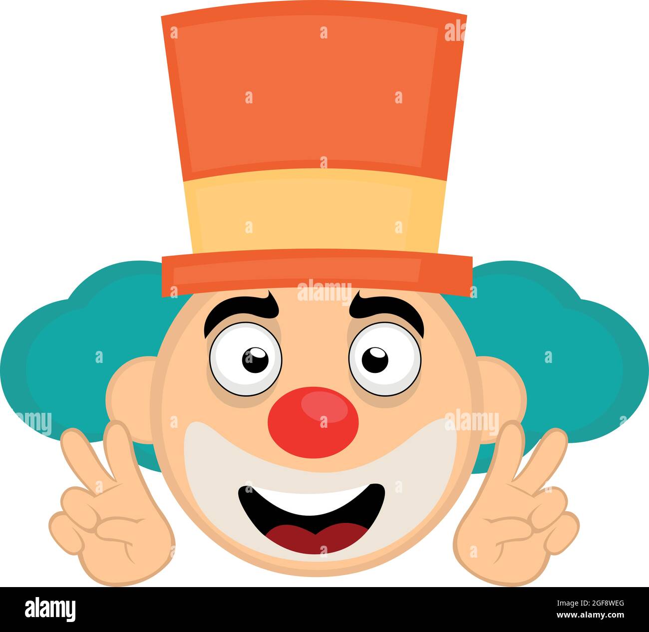 Vektor-Illustration von Emoticon des Gesichts eines Cartoon-Clowns mit einem Hut machen mit seinen Händen das Symbol der Liebe und des Friedens oder des Sieges Stock Vektor