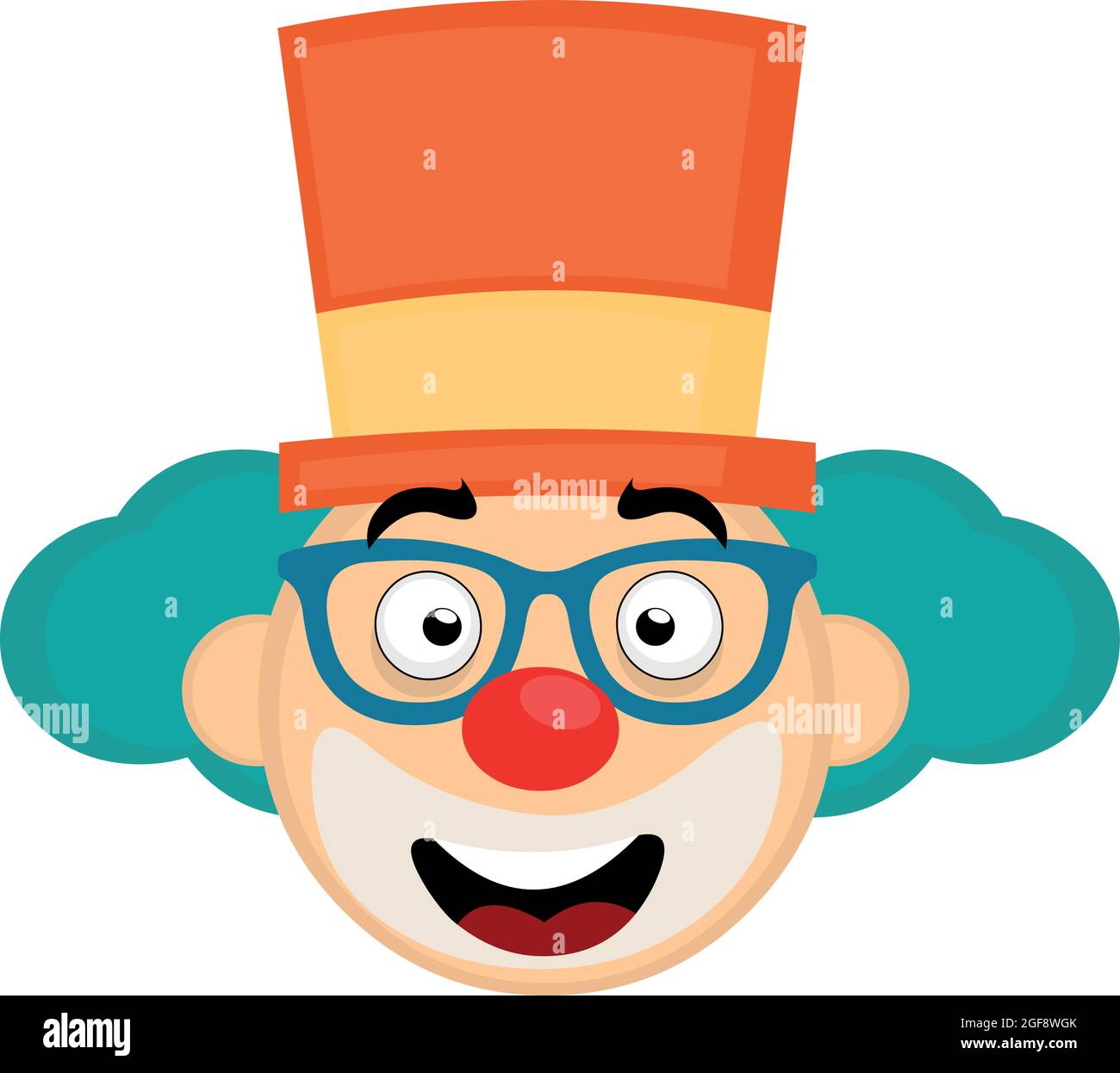 Vektor-Illustration von Emoticon des Gesichts eines Cartoon-Clowns mit Hut und blauer Brille Stock Vektor