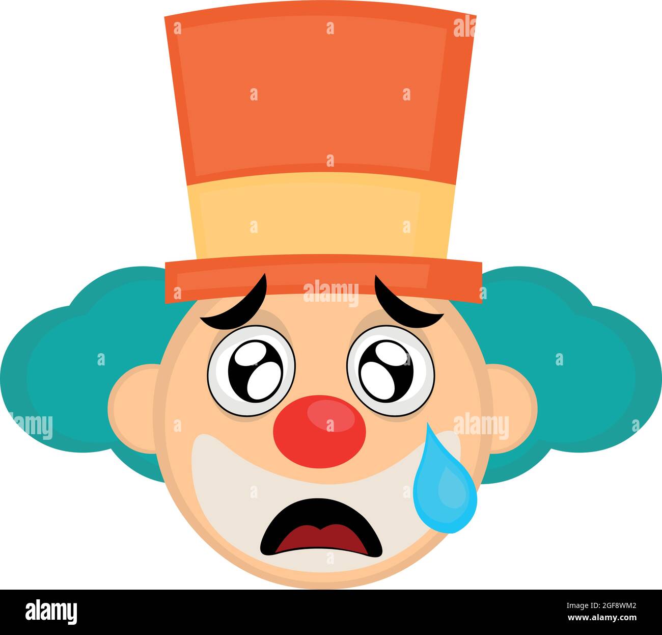 Vector Emoticon Illustration des Gesichts eines Cartoon-Clowns mit einem Hut, mit einem traurigen Ausdruck und einer Träne aus seinem Auge fallen Stock Vektor