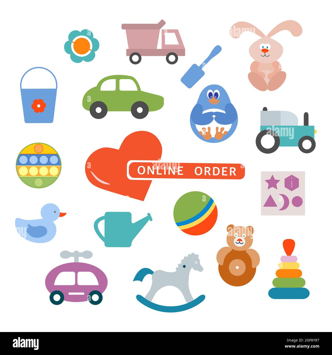 Vektor-Illustration Online bestellen Kid Toys Glückliche Kindheit Gaming-Artikel Spielen im Sand Autos Pyramid Ball Rassel Tumbler Rabbit Penguin Sorter Pop it P Stock Vektor