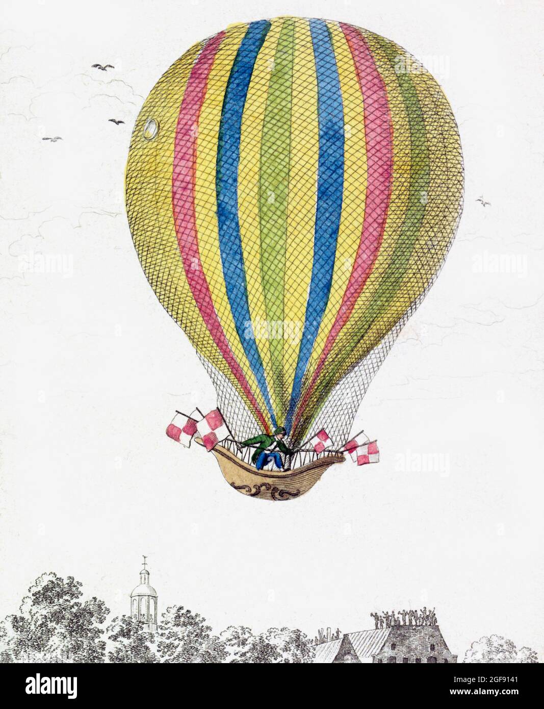 Ein Heißluftballon startete in der Mitte des 19. Jahrhunderts. Ein solcher Ballon ist typisch für die erste erfolgreiche Mensch-tragende Luftfahrttechnik. Nach einem Werk eines unbekannten Künstlers aus dem frühen 19. Jahrhundert. Stockfoto