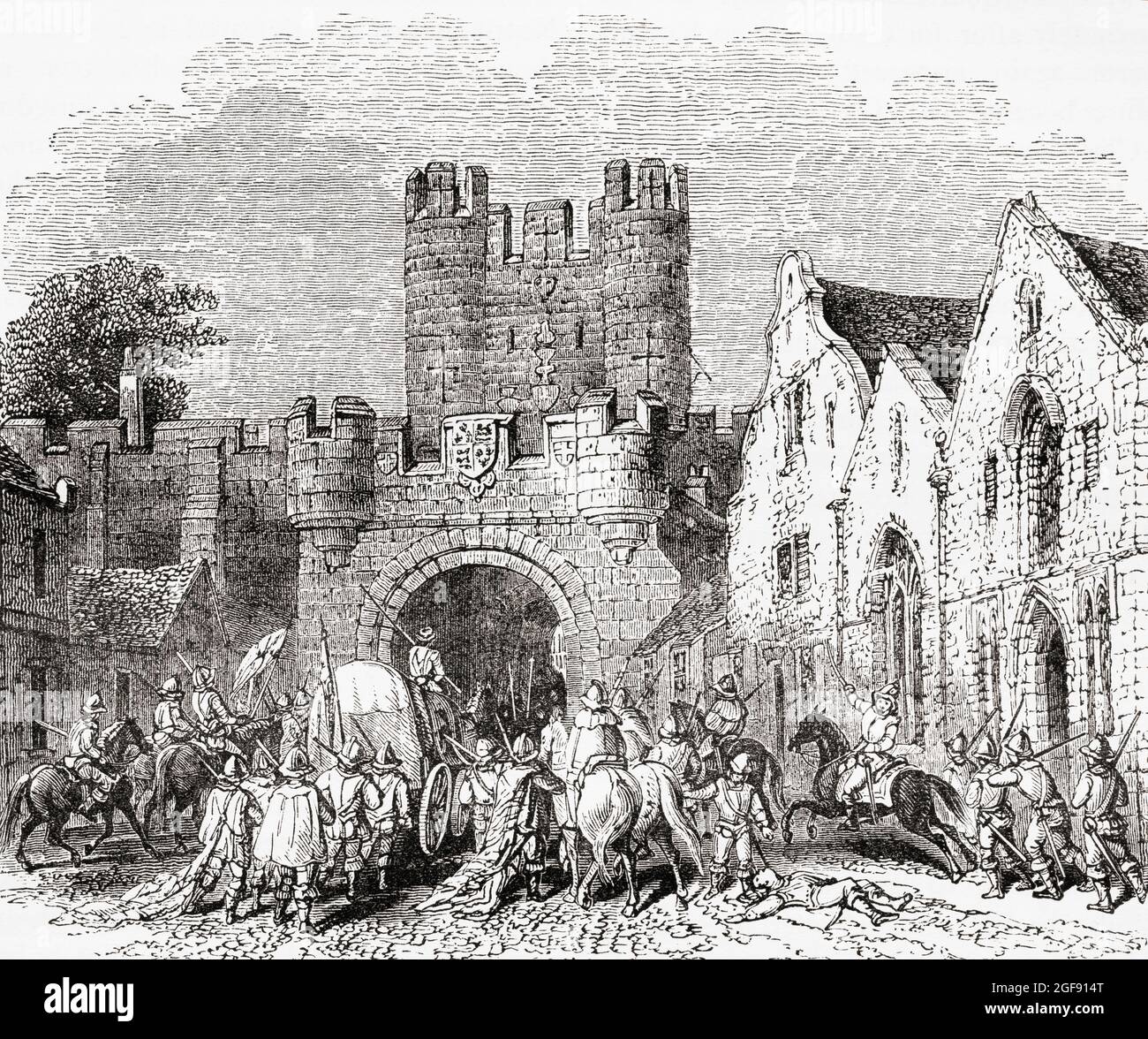 Micklegate Bar, York, England Hier zur Zeit des englischen Bürgerkrieges. Es war das traditionelle zeremonielle Tor für Monarchen, die die Stadt betraten, die das Staatsschwert berührten, als sie das Tor betraten. Aus dem malerischen England seine Wahrzeichen und historischen Stätten, veröffentlicht, 1891 Stockfoto