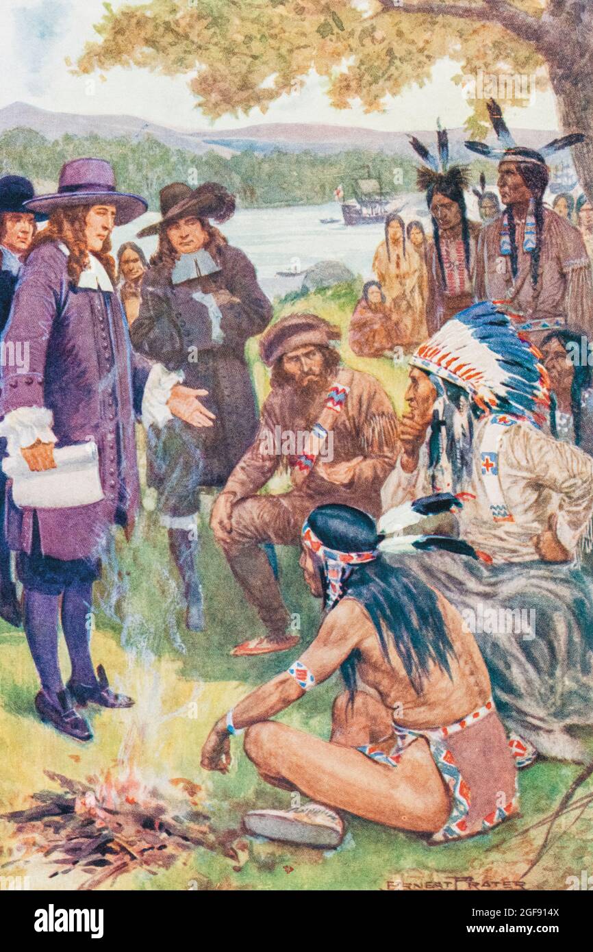 Frühe amerikanische Siedler, die den Landkauf mit amerikanischen Ureinwohnern im späten 17. Jahrhundert diskutierten. Stockfoto