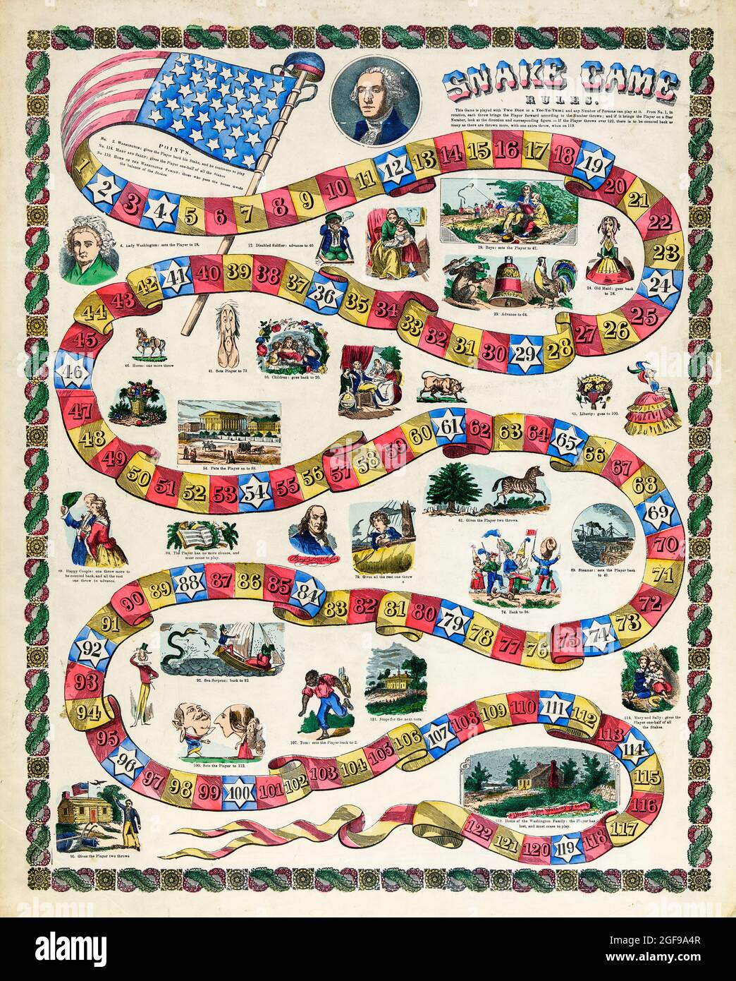 Druck von Snake Spielbrett mit George Washington. Vom 1840-1860. Stockfoto