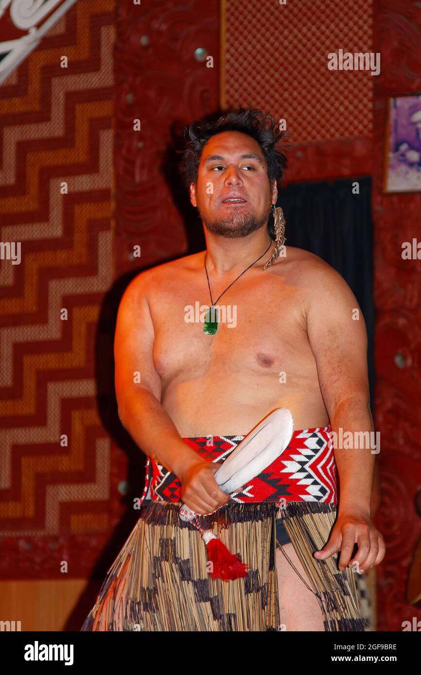Maori-Show; männlicher Entertainer; einheimische Kleidung; Bewegung; langer Federohrring; jadekette, indigene Bevölkerung; Kulturzentrum Te Puia Maori; Rotorua; Neuseeland Stockfoto