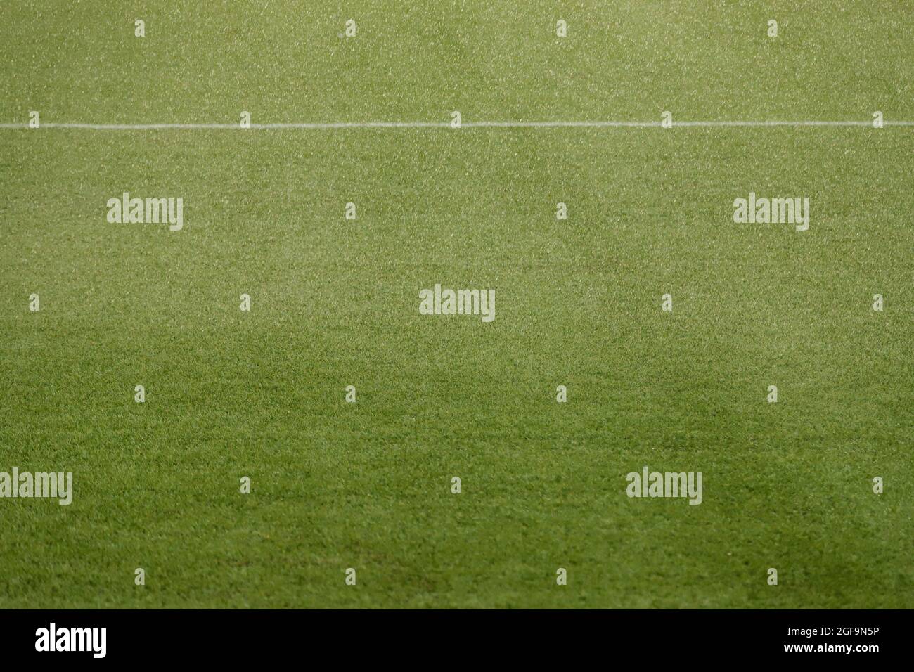 Fußballfeld mit Kunstrasen, die auf der Oberseite benetzt, mit einer weißen Linie Stockfoto