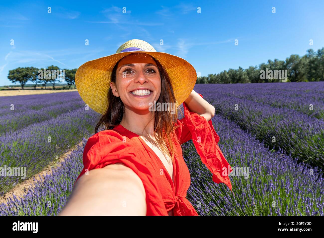 Junge lächelnde Frau mit einem Strohhut, die ein Selfie in einem blühenden Lavendelfeld nimmt. Konzept von Glück und Wohlbefinden. Stockfoto