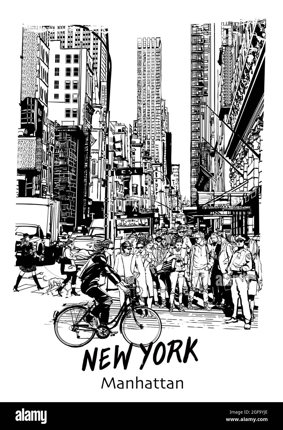 Verkehr an einer großen Kreuzung im Zentrum von New York. Autos und Fußgänger an einer Kreuzung in der 5th Avenue. - Vektordarstellung Stock Vektor