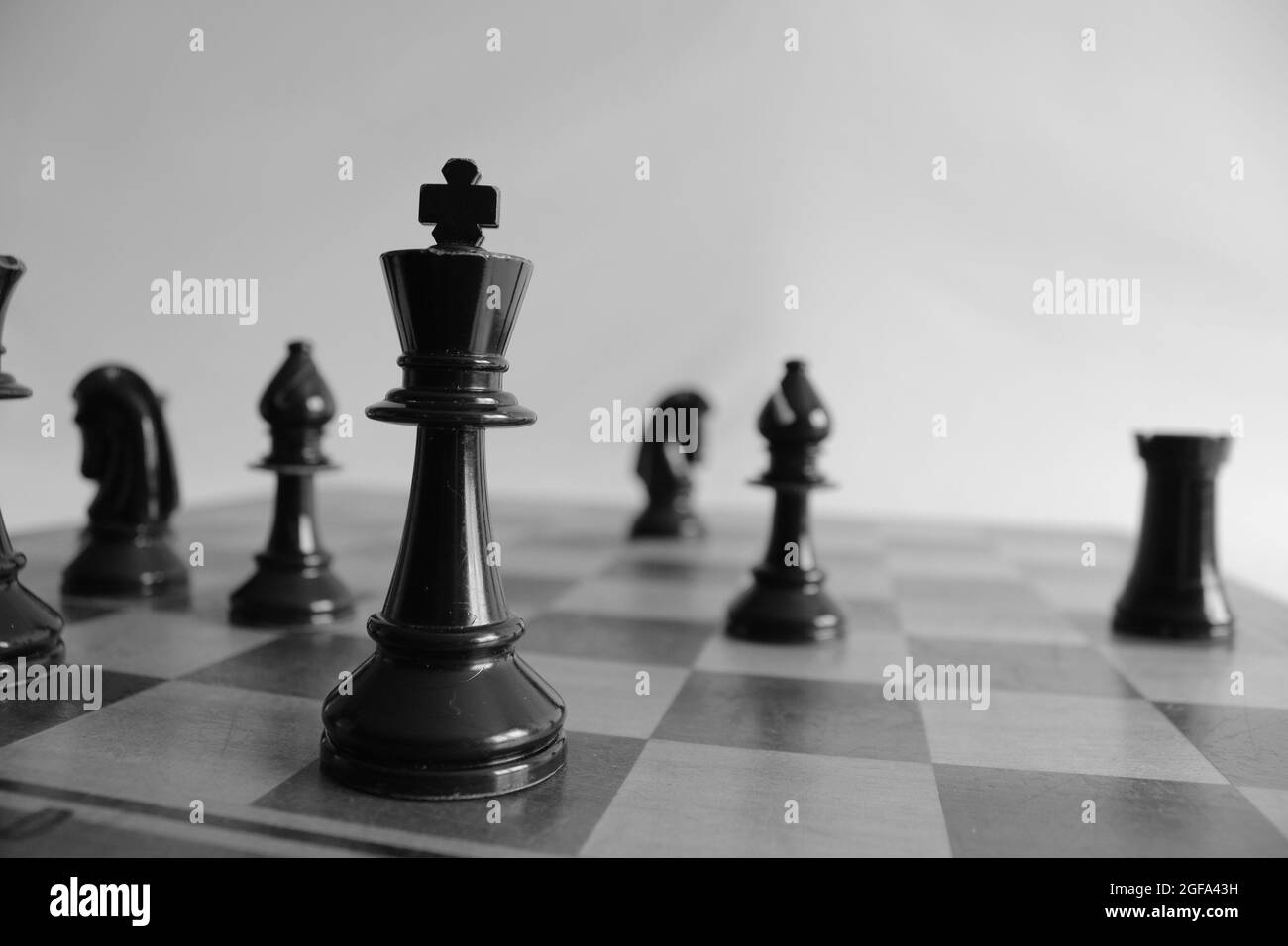 Schwarze Stücke auf einem Schachbrett Stockfoto