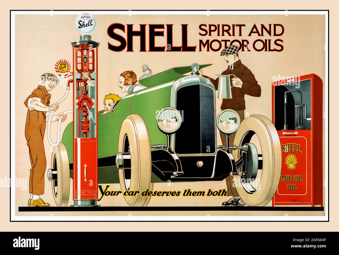 SHELL Vintage 1926 Shell Spirit and Motor Oils Poster, 'Your car redients them both' Art Deco Poster Lithograph von Rene Vincent Stockfoto