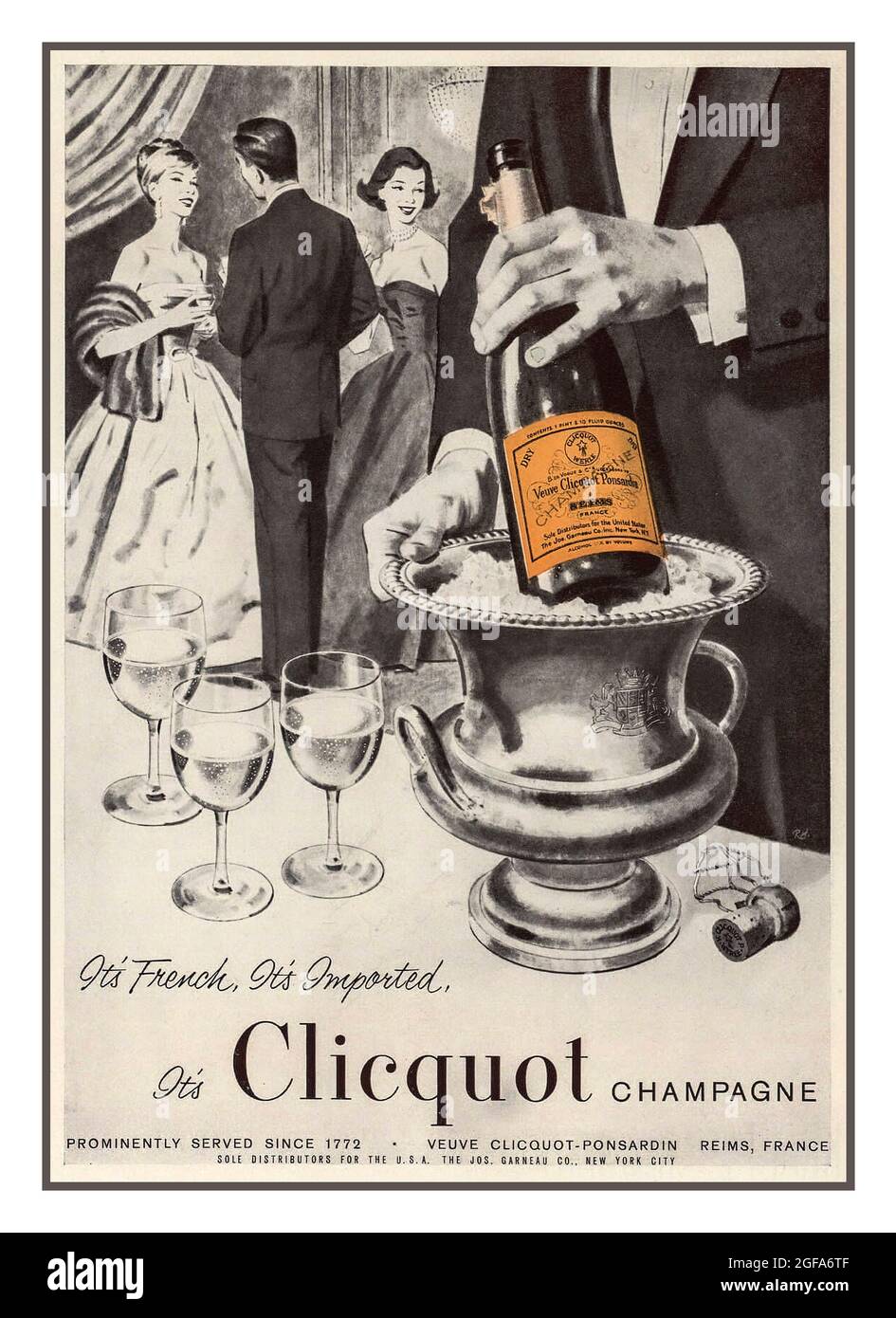 Veuve Clicquot Champagne Vintage 1940er Jahre Pressewerbung für Veuve Clicquot Champagne. „ITS French, ITS Imported IT’s Clicquot“ zeigt einen exklusiven amerikanischen Empfang mit der Veuve Clicquot Champagnerflasche zurück in den Eiskübelkühler USA Stockfoto