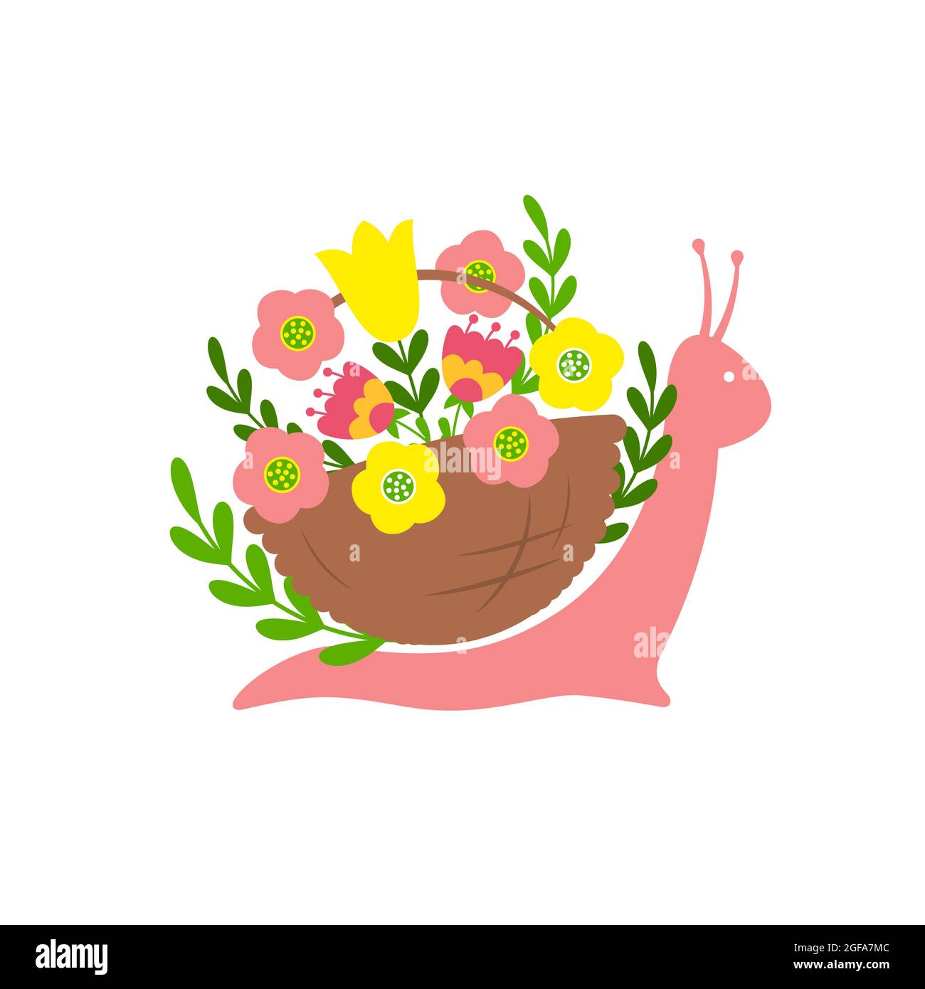 Rosa Schnecke und ein Korb mit Blumen. Frühlings- oder Sommerkonzept Stock Vektor