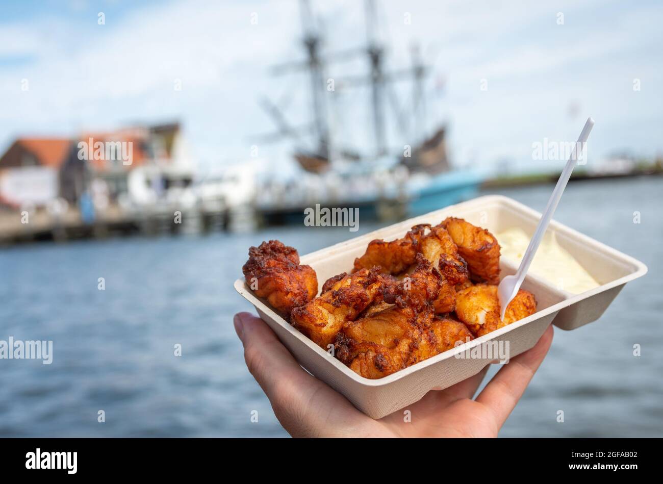 Teil des beliebten holländischen Street Snack Food namens Kibbeling, das aus gebratenem Kabeljaufisch und einer Sauce besteht Stockfoto