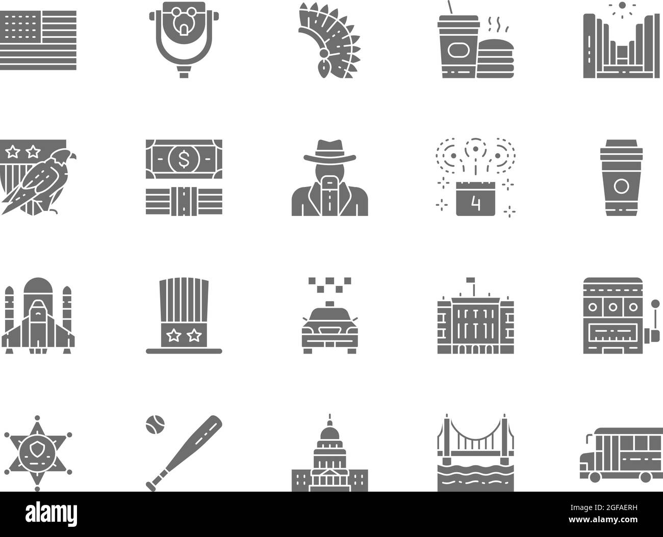 Set mit grauen Ikonen der amerikanischen Kultur. Bald Eagle, Cowboys, Schulbus, Fast Food, Sheriff Star Badge, Casino, Baseballschläger und mehr. Stock Vektor