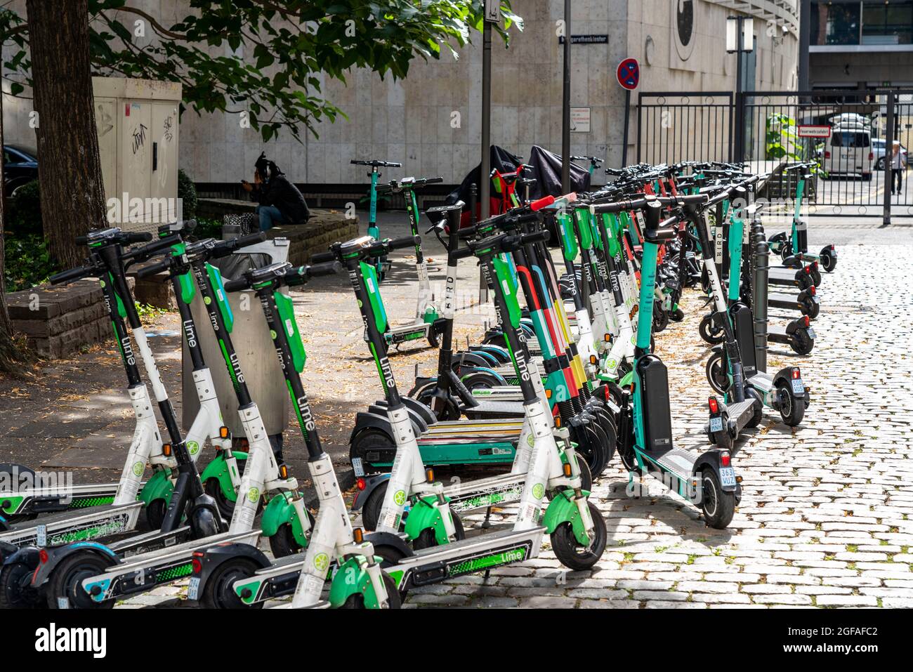 Elektroscooter, E-Roller stehen in großer Anzahl, an der Burgmauer Straße, vor dem Kölner Dom, juristischer Parkplatz, teilweise durch SIG Stockfoto