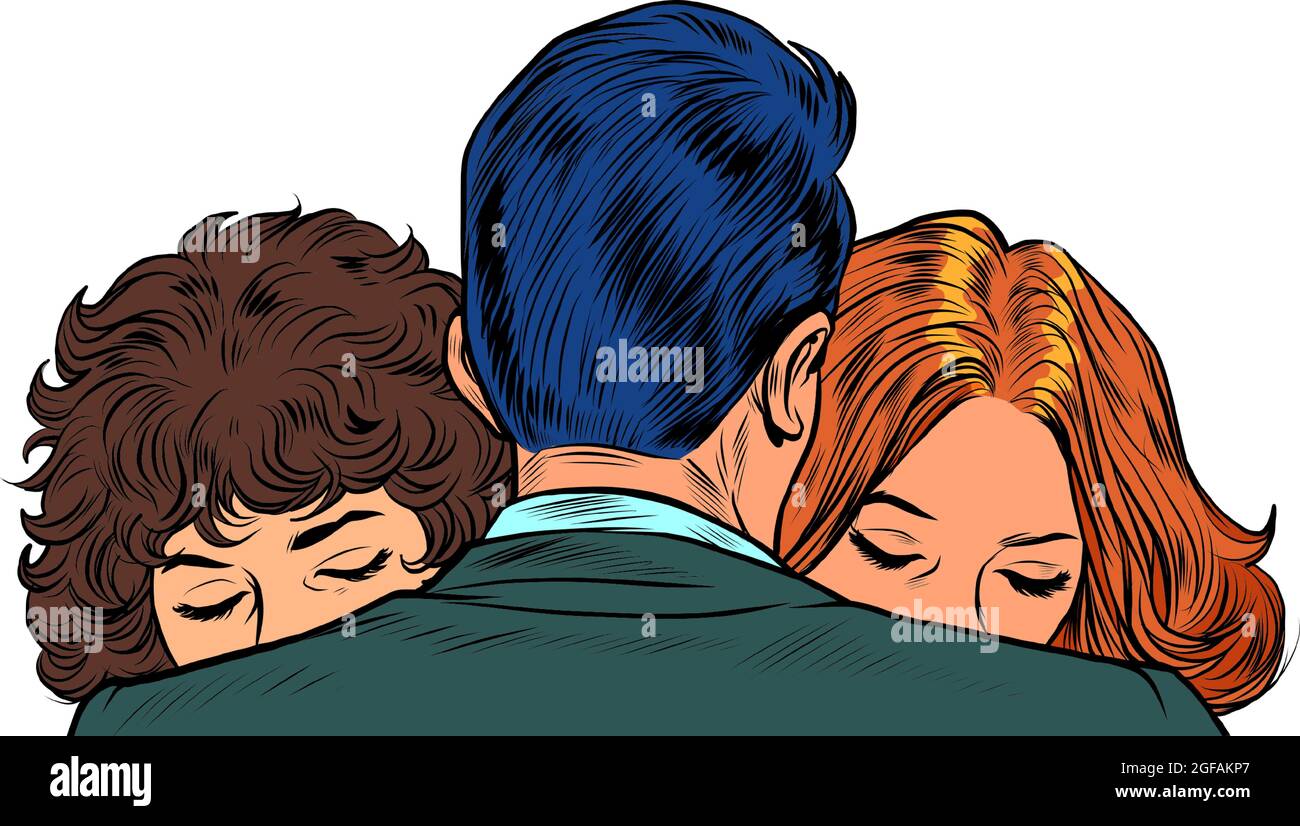 Zwei Frauen sind traurig auf der Schulter eines Mannes. Traurigkeit und Unterstützung. Verrat Stock Vektor