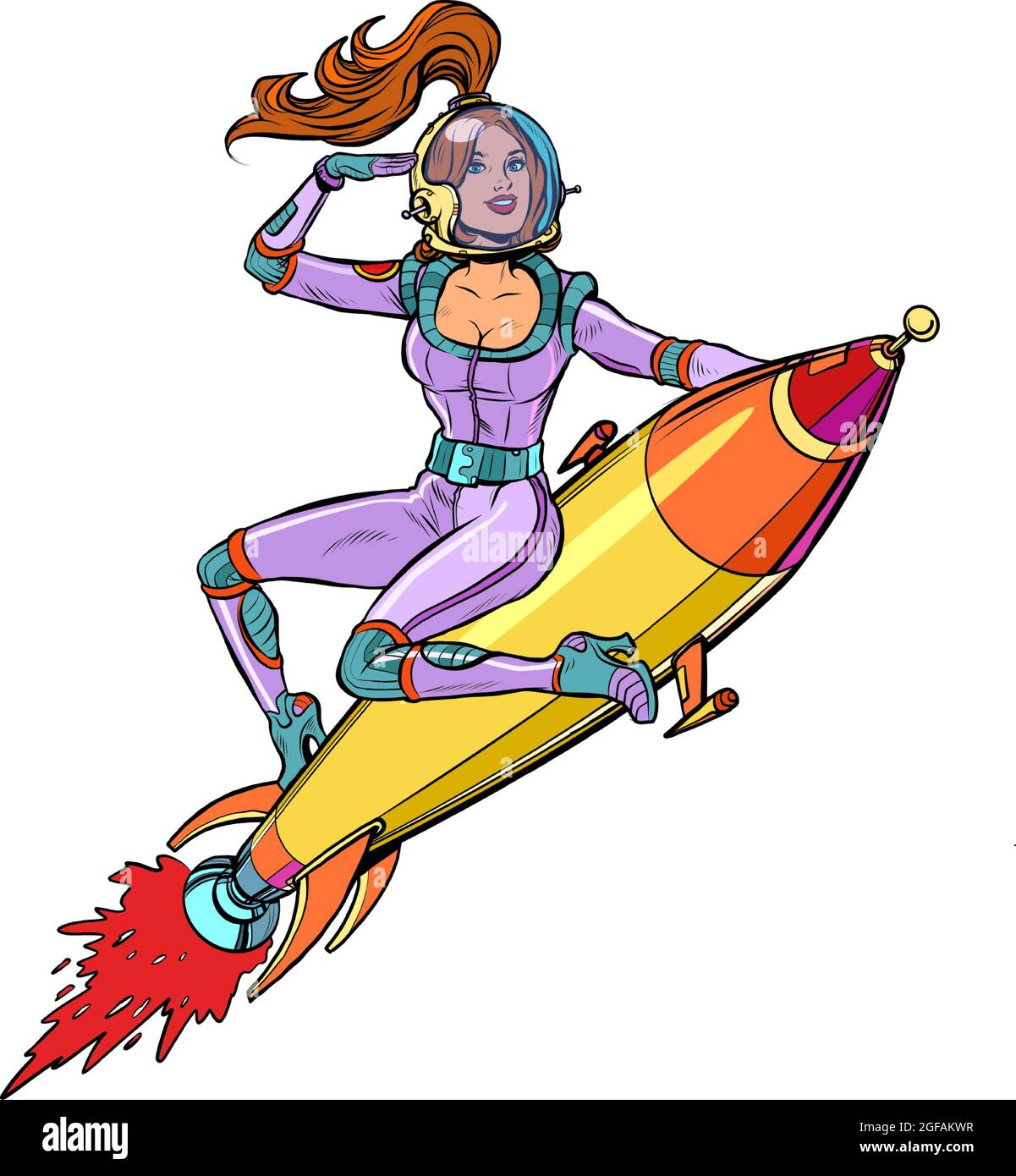 Pinup-Astronautin, die auf einer Rakete fliegt, eine Frau im All. Science-Fiction Stock Vektor