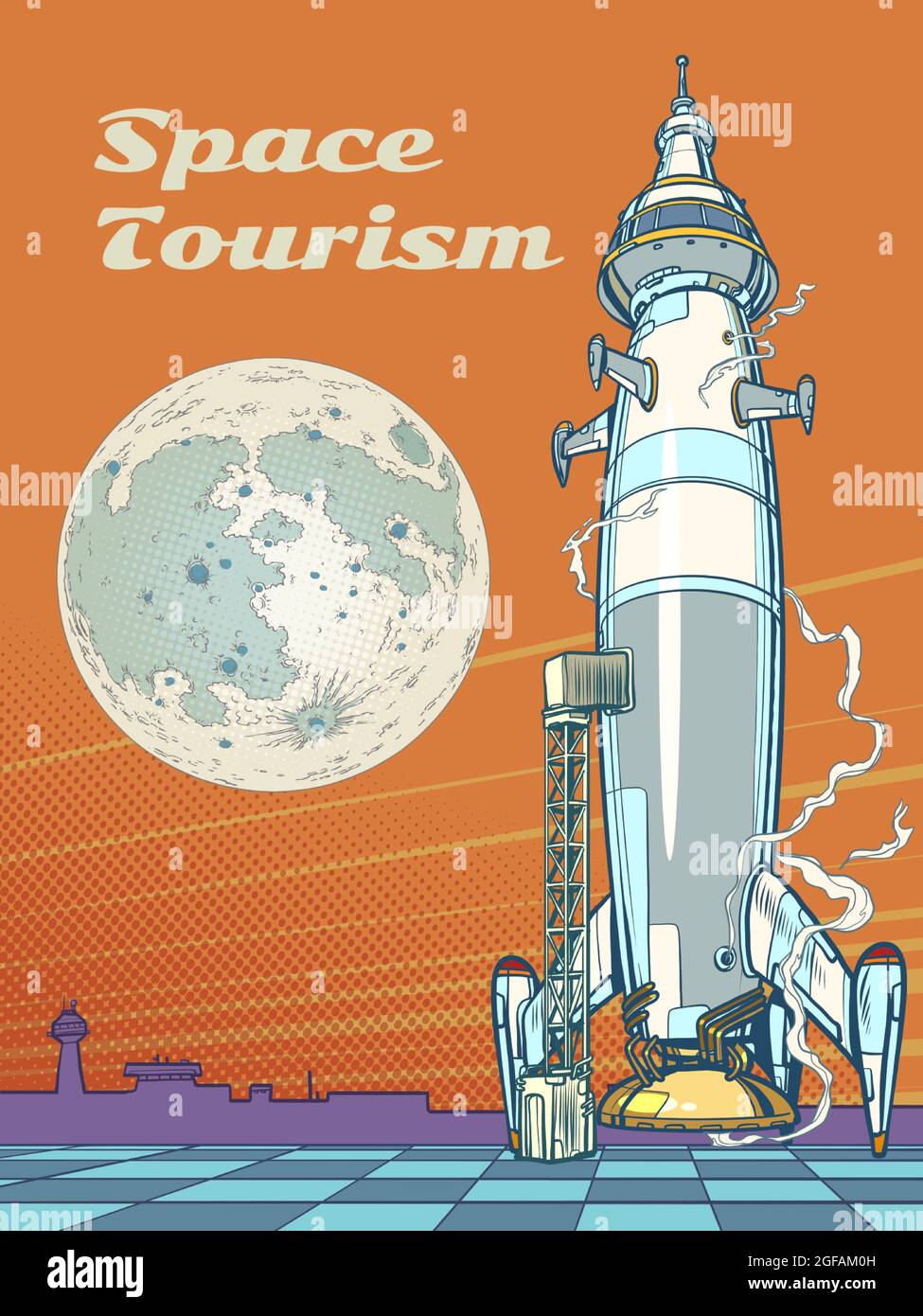 Weltraumtourismus. Eine Rakete auf der Startfläche des Weltraumhafens. Science-Fiction Stock Vektor
