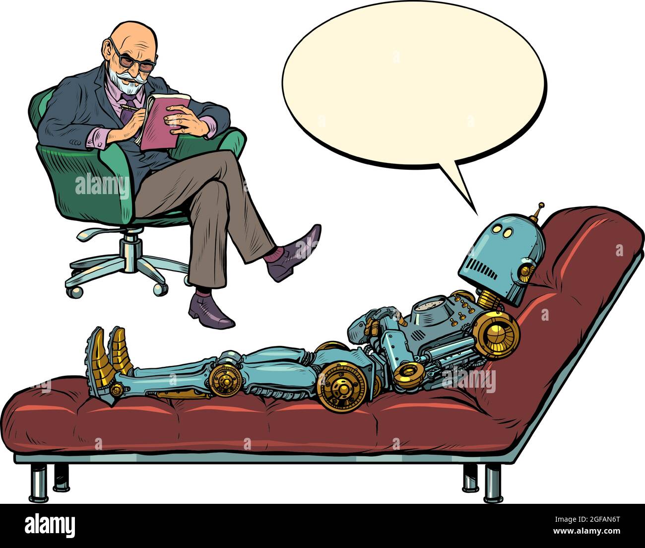 Ein männlicher Psychotherapeut bei einer Psychotherapiesitzung, hört einem Roboterpatienten zu, sitzt auf einem Stuhl und macht Notizen in einem Notizbuch Stock Vektor