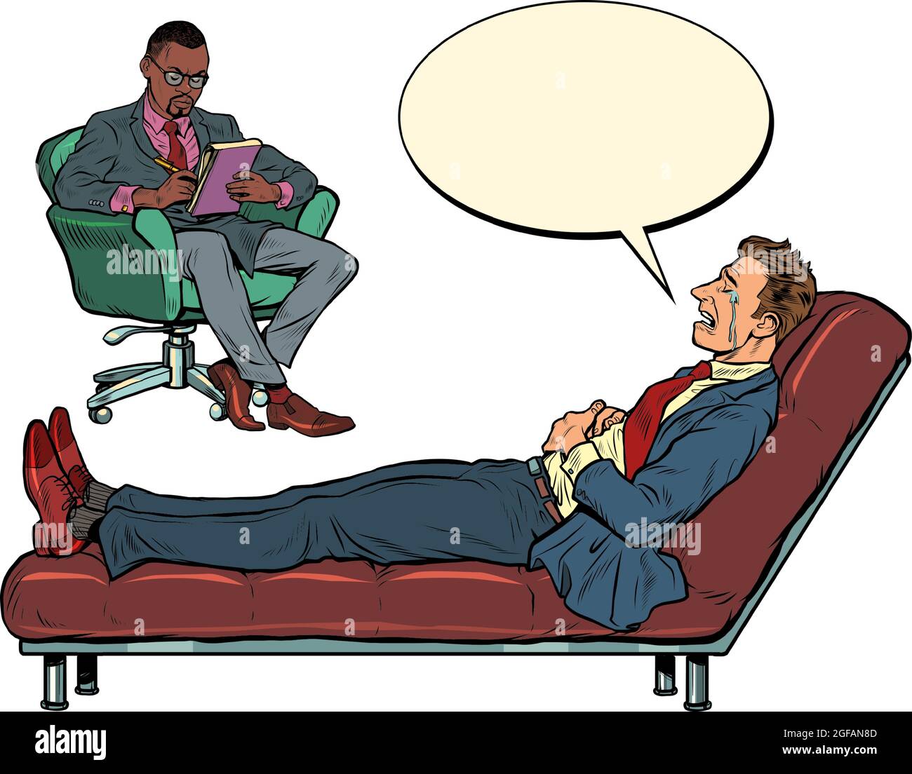 Ein schwarzer männlicher Psychotherapeut ist in einer Psychotherapiesitzung mit einem Patienten, hört einem Geschäftsmann zu, sitzt auf einem Stuhl und macht Notizen in einem Stock Vektor