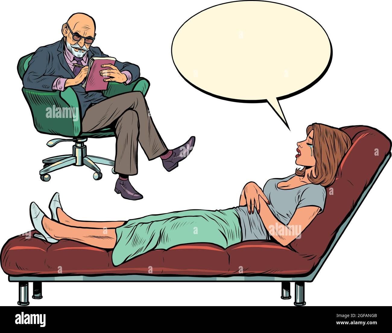 Ein männlicher Psychotherapeut bei einer Psychotherapiesitzung mit einem Patienten, hört einer Frau zu, sitzt auf einem Stuhl und macht Notizen in einem Notizbuch Stock Vektor