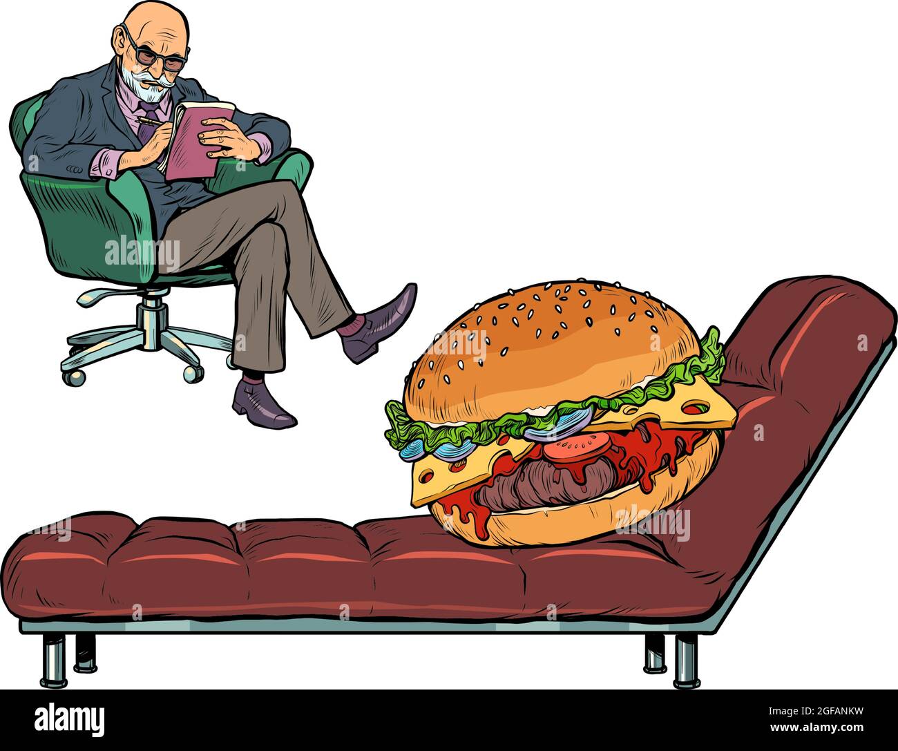 Eine Psychotherapie mit einem Burger. Übermäßiges Essen und Adipositas Probleme Stock Vektor