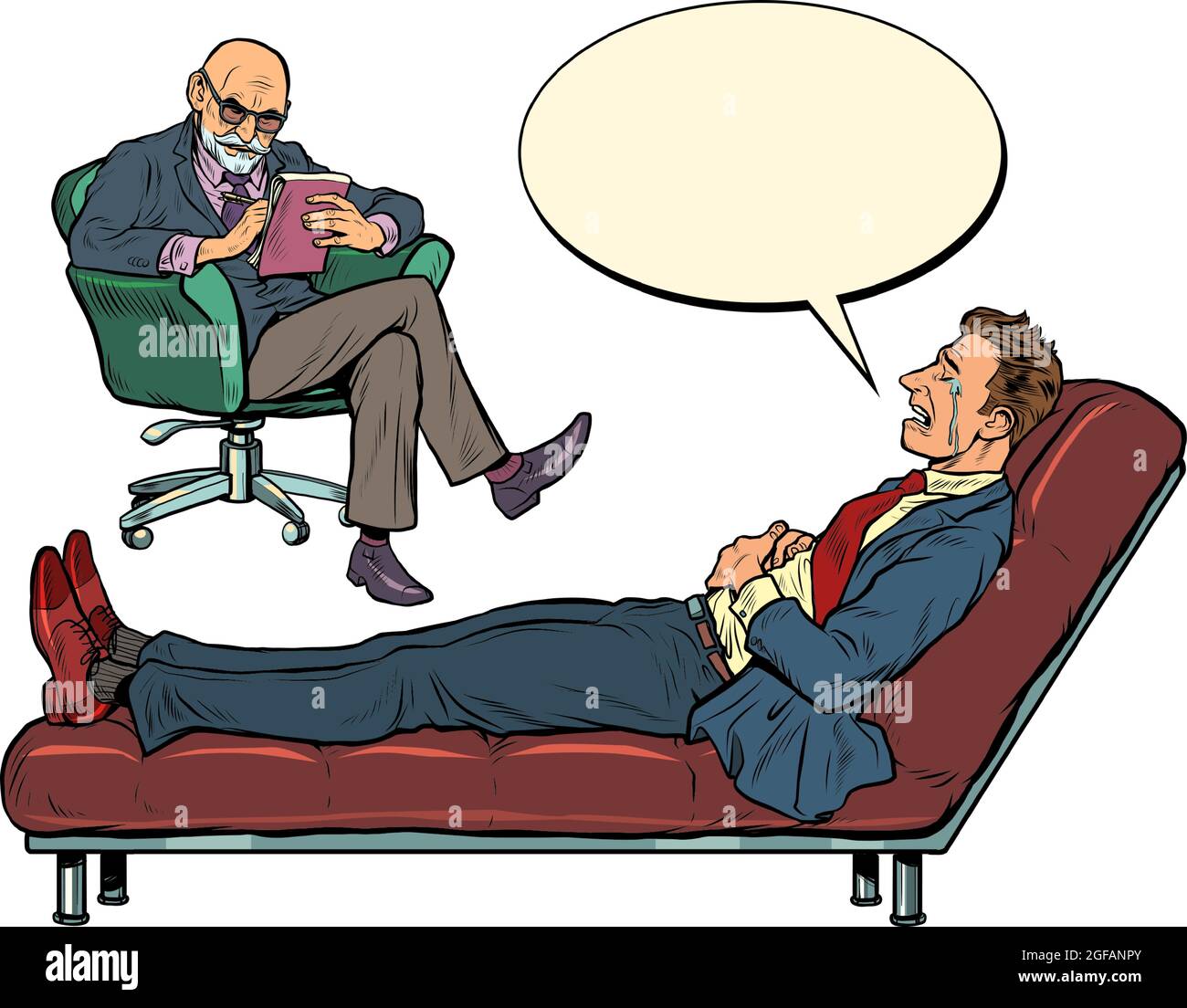 Eine Psychotherapie-Sitzung. Der Psychotherapeut sieht einen Geschäftsmann, der Patient liegt auf der Couch Stock Vektor