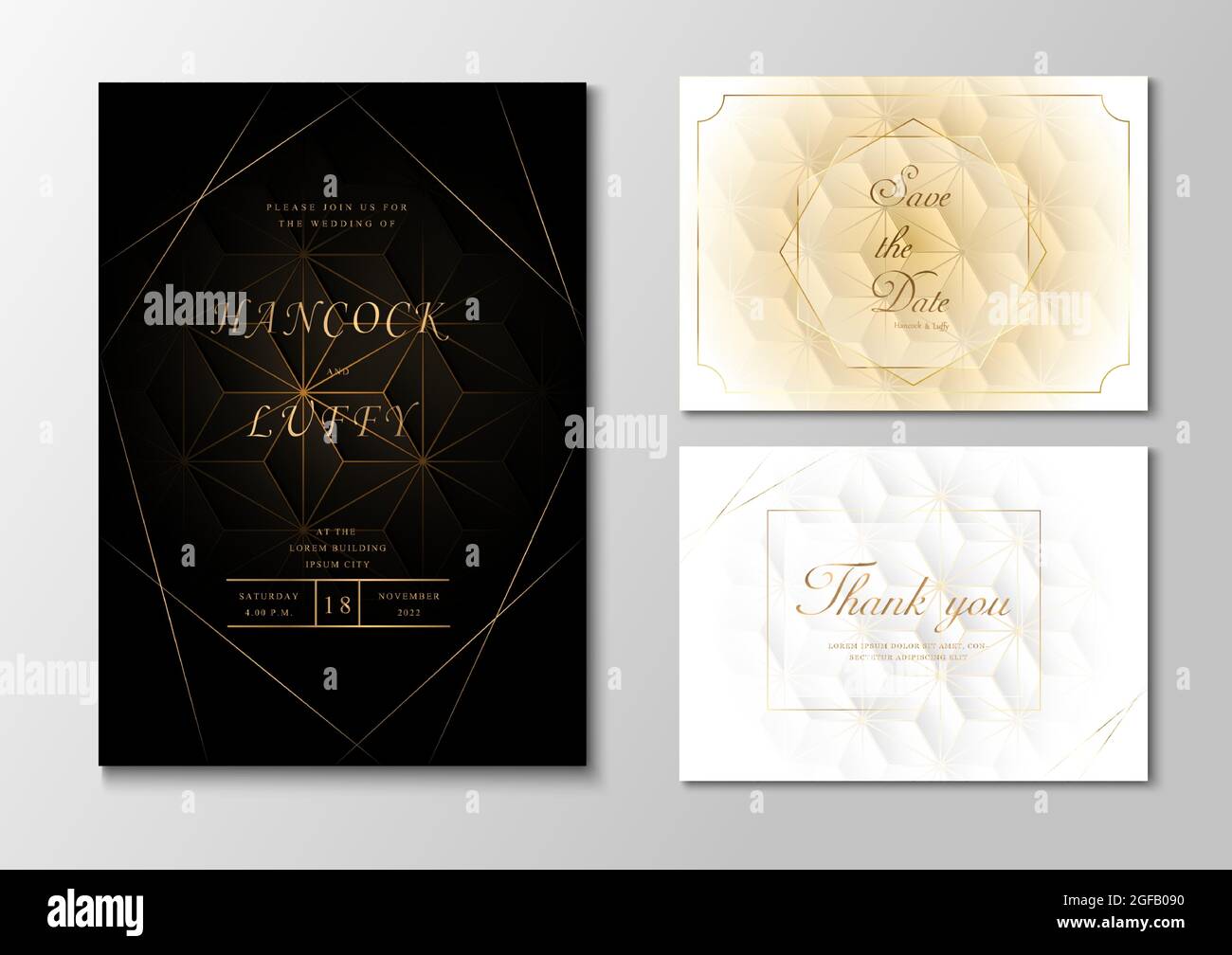 Vorlage für eine luxuriöse Hochzeitseinladungskarte. Elegant aus schwarz, weiß und Gold Hintergrund-Design mit geometrischer Form Stock Vektor