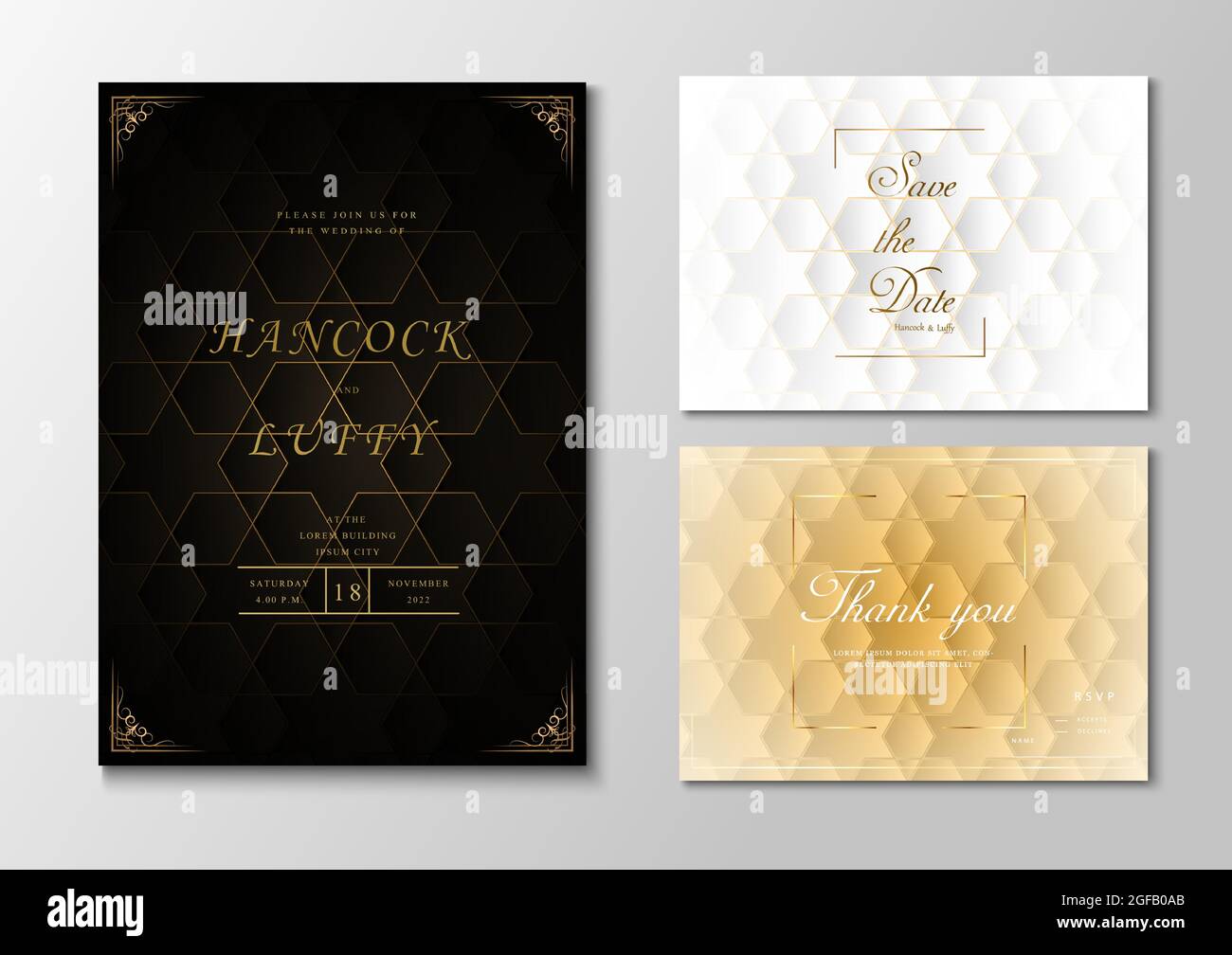 Vorlage für eine luxuriöse Hochzeitseinladungskarte. Elegant aus schwarz, weiß und Gold Hintergrund-Design mit geometrischer Form Stock Vektor