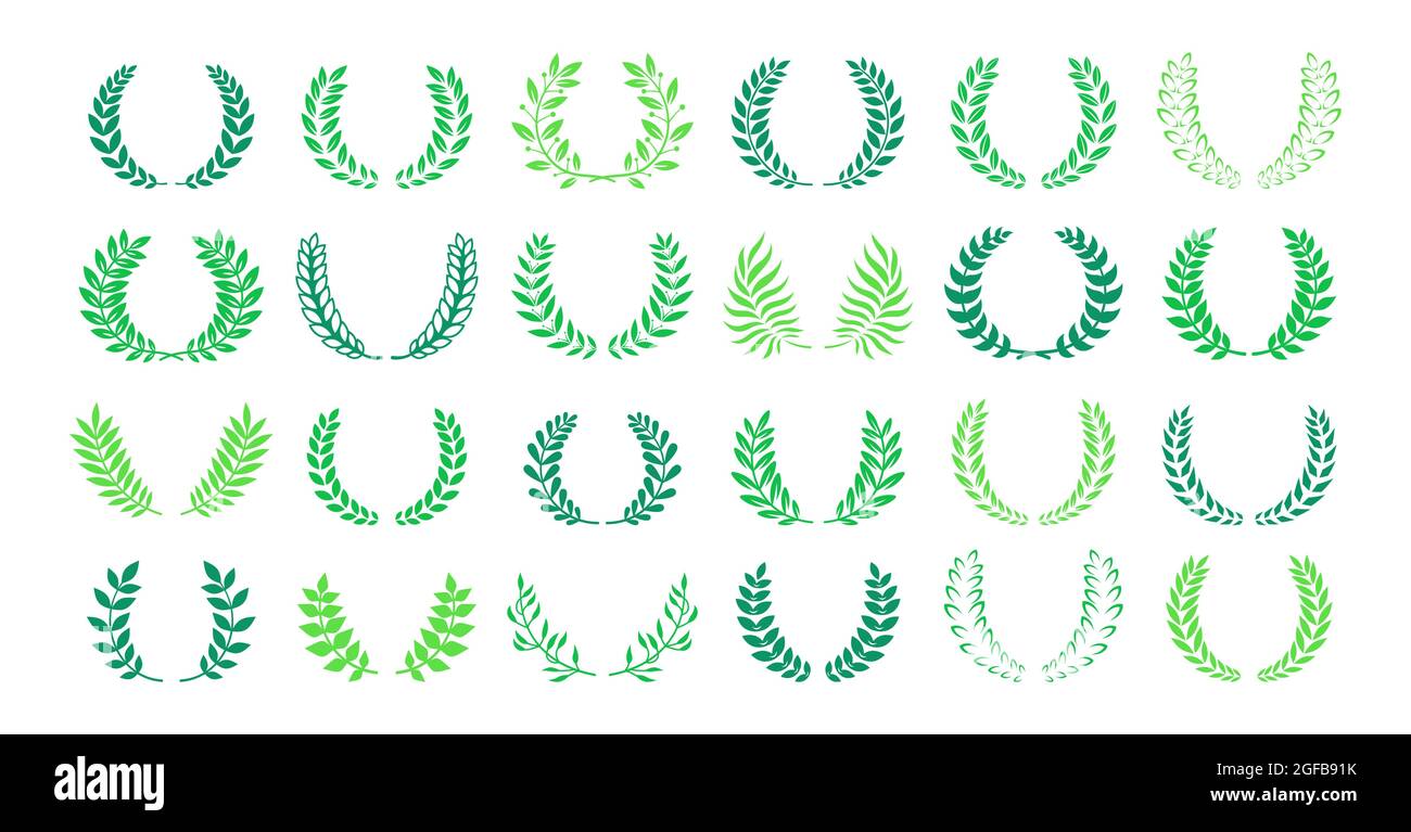 Laurel Wreath Award oder Heraldry Green Set. Kreisförmige Lorbeerkränze Auszeichnung, Leistung. Hochwertige Symbol Emblem Zweige Olivenpflanzen Sammlung. Logo Adel Emblem Vektor-Illustration Stock Vektor