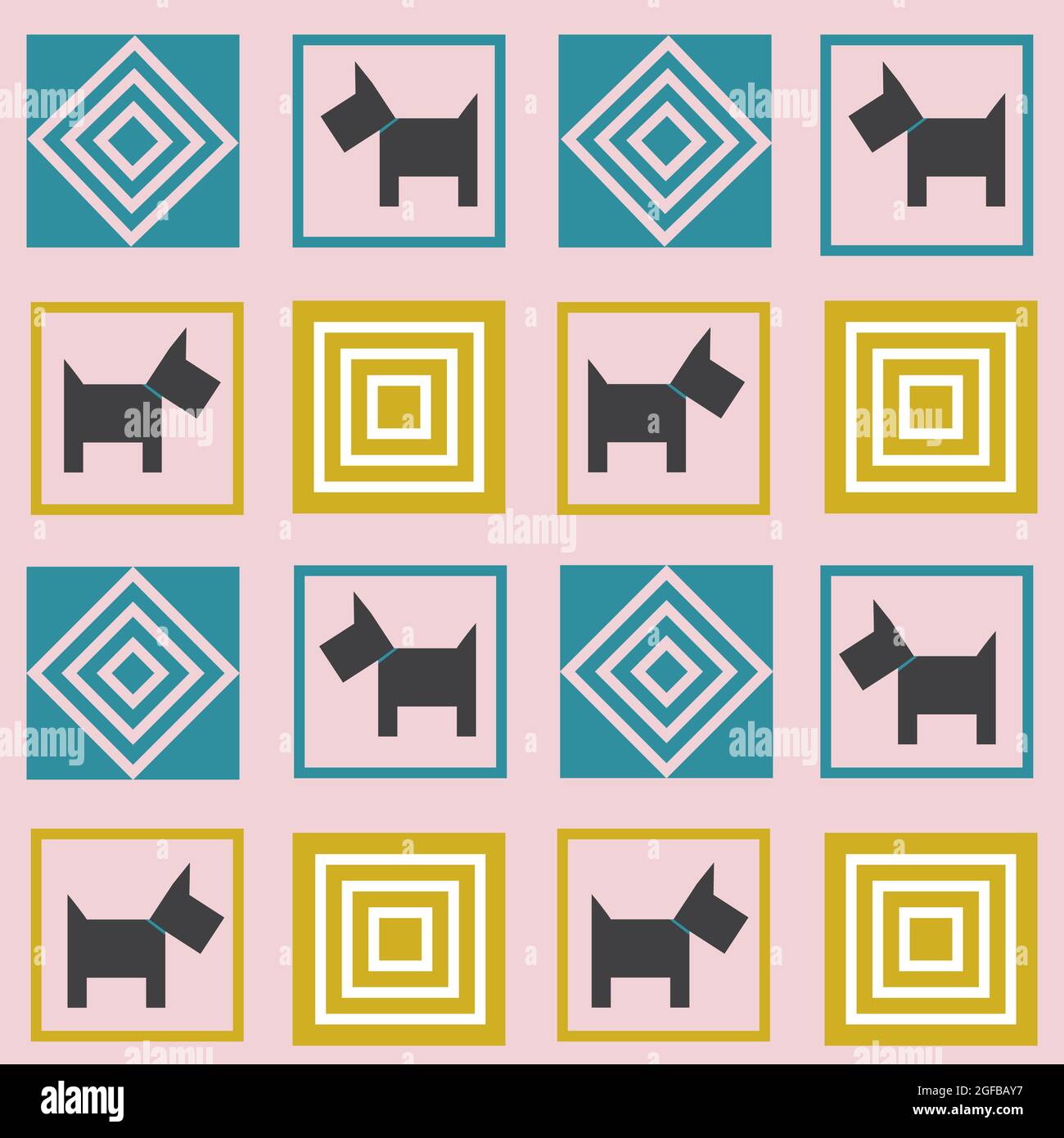 Muster mit Hunden. Geometrische Quadrate im Patchwork-Stil mit Tieren. Stock Vektor