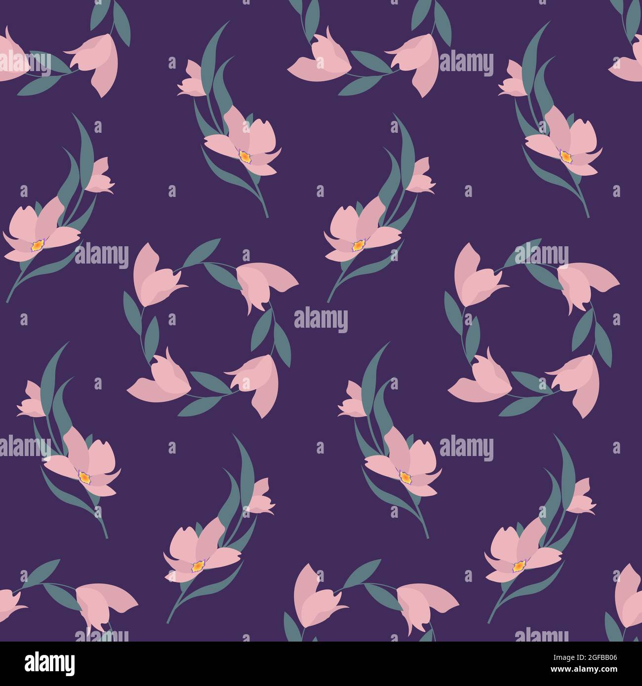 Kranzmuster mit rosa Blüten. Vektorgrafik auf violettem Hintergrund. Stock Vektor