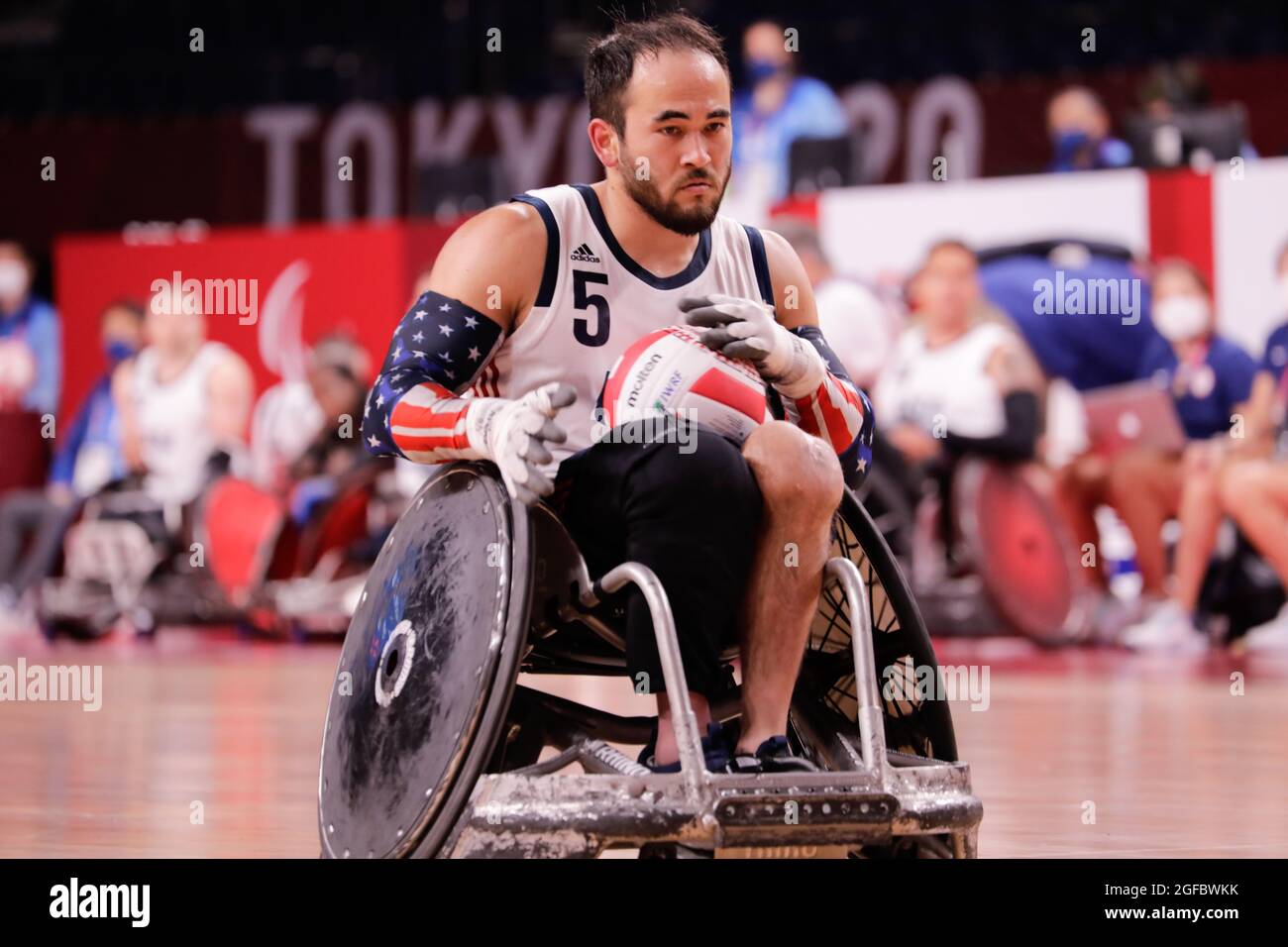 Tokio, Japan, 25. August 2021, Tokio 2020 Paralympische Spiele, Rollstuhlbabball. USA vs. Neuseeland. Aoki Charles Credit: Marco Ciccolella/Alamy Live News Stockfoto