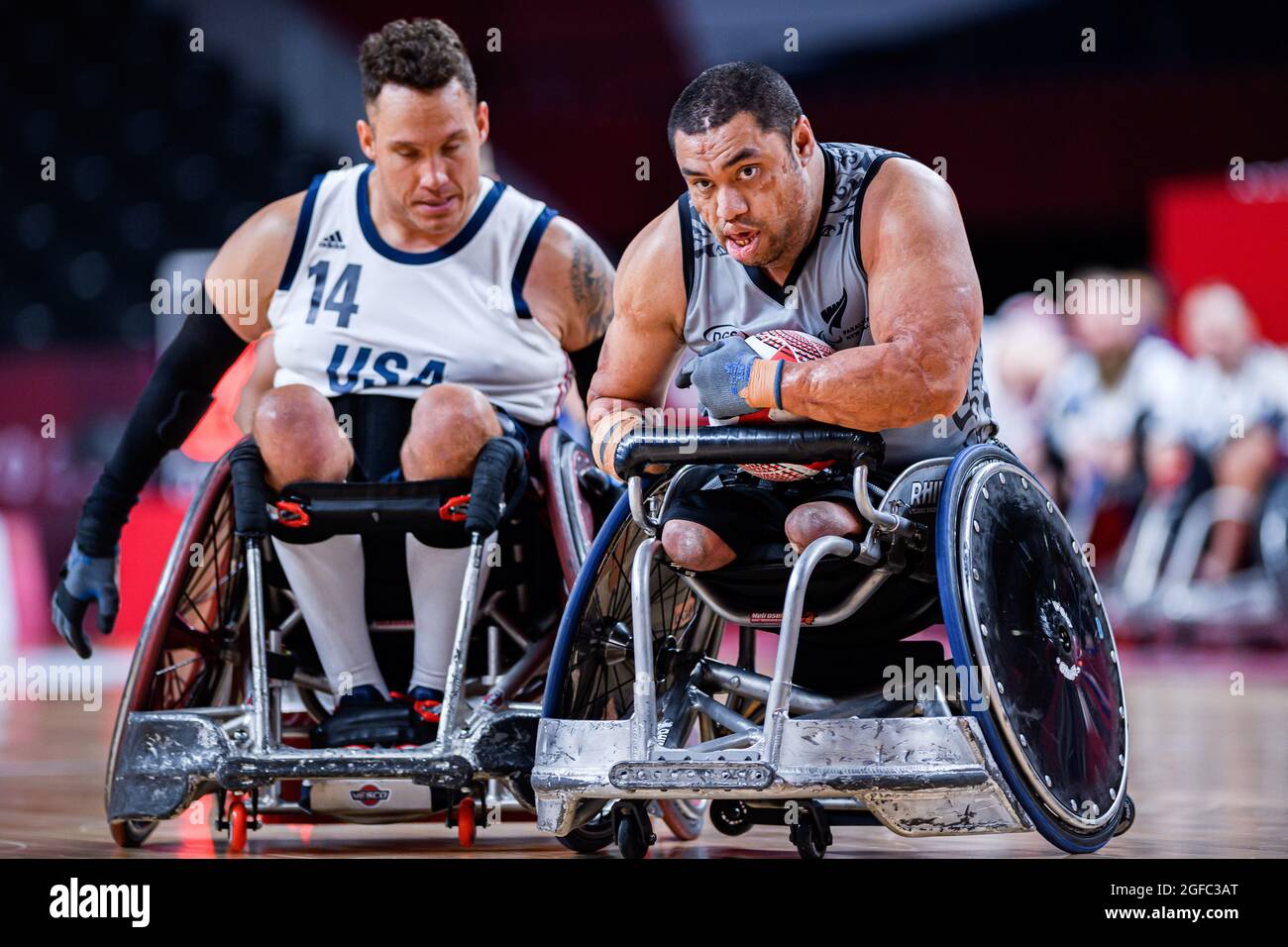 TOKIO, JAPAN. August 2021. Barney Koneferenishi (NZL) im Männer-Rollstuhl-Basketball USA gegen NZL während der Paralympischen Spiele von Tokio 2020 im Yoyogi-Nationalstadion am Mittwoch, den 25. August 2021 in TOKIO, JAPAN. Kredit: Taka G Wu/Alamy Live Nachrichten Stockfoto