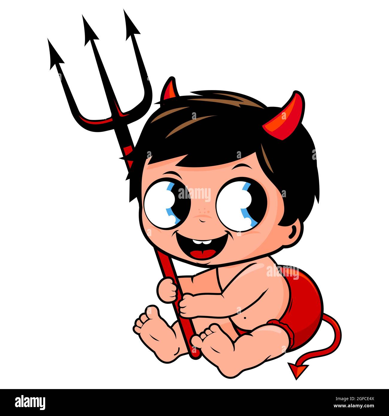 Niedlicher Junge im Halloween Teufelskostüm mit Hörnern und Dreizack. Lustige Cartoon-Tricks oder verwöhnen Sie Ihr Kind mit einem Monster-Kostüm für die Halloween-Party. Stockfoto