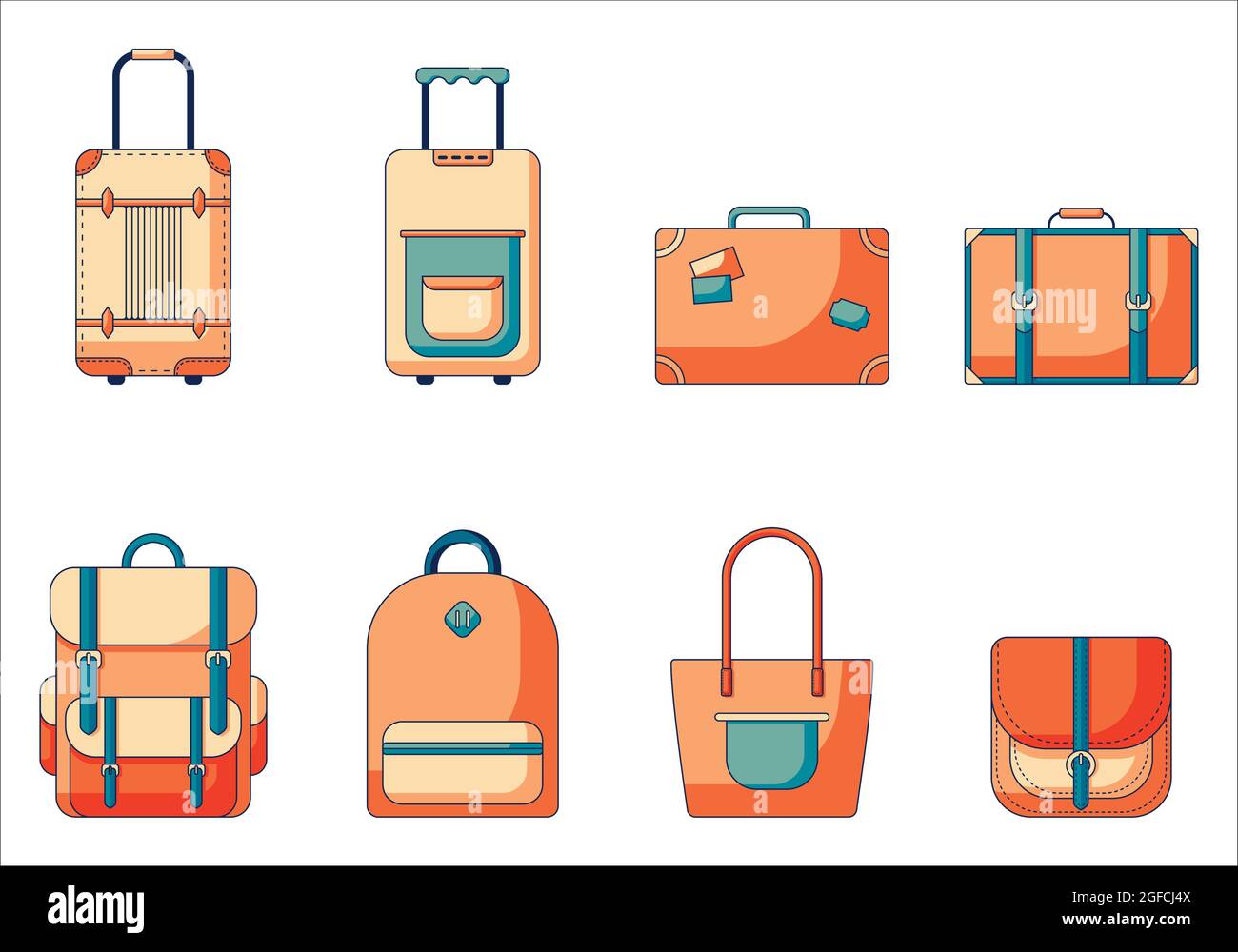 Set Handtasche und Gepäck in Retro-Stil Farben mit verschiedenen Variationen von Taschen Stock Vektor