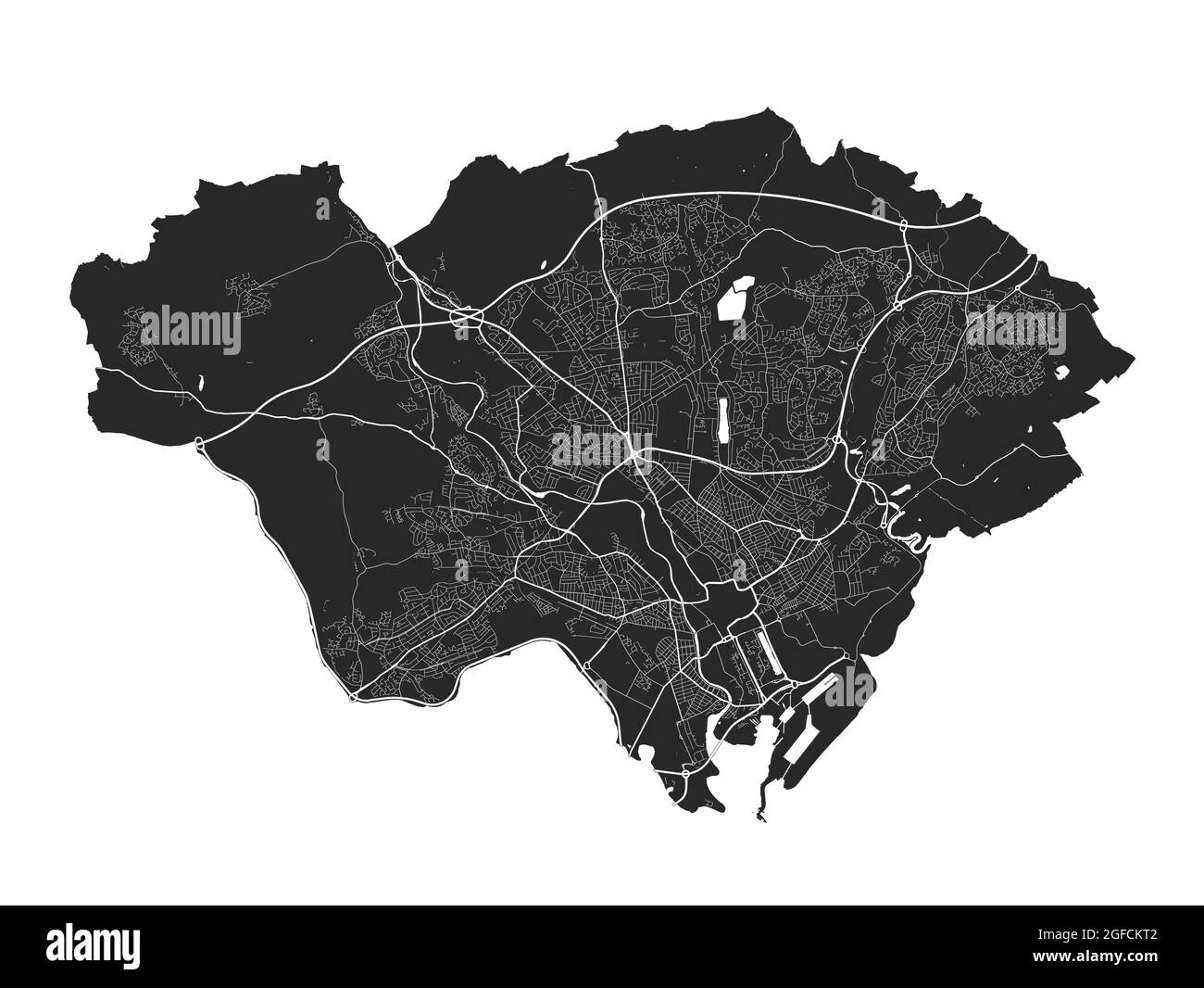 Cardiff-Karte. Detaillierte Vektorkarte des Verwaltungsgebiets der Stadt Cardiff. Blick auf das Stadtbild mit Postern und die Arie der Metropole. Schwarzes Land mit weißen Straßen, Straßen und Stock Vektor