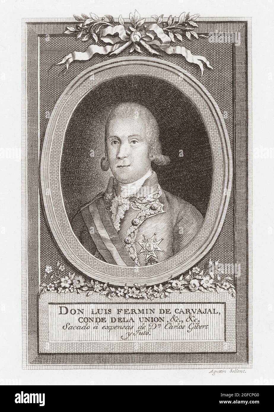 Luis Fermín de Carvajal, Conde de la Unión, 1752 – 1794. Offizier in der Armee des Königreichs Spanien. 1794 während der französischen Revolutionskriege kommandierte er die spanische Armee gegen die Streitkräfte der Ersten Französischen Republik. Er wurde während des Pyrenäenkrieges getötet, als er eine Anklage in der Schlacht am Schwarzen Berg führte. Nach einer Arbeit von Agustin Stellent. Stockfoto