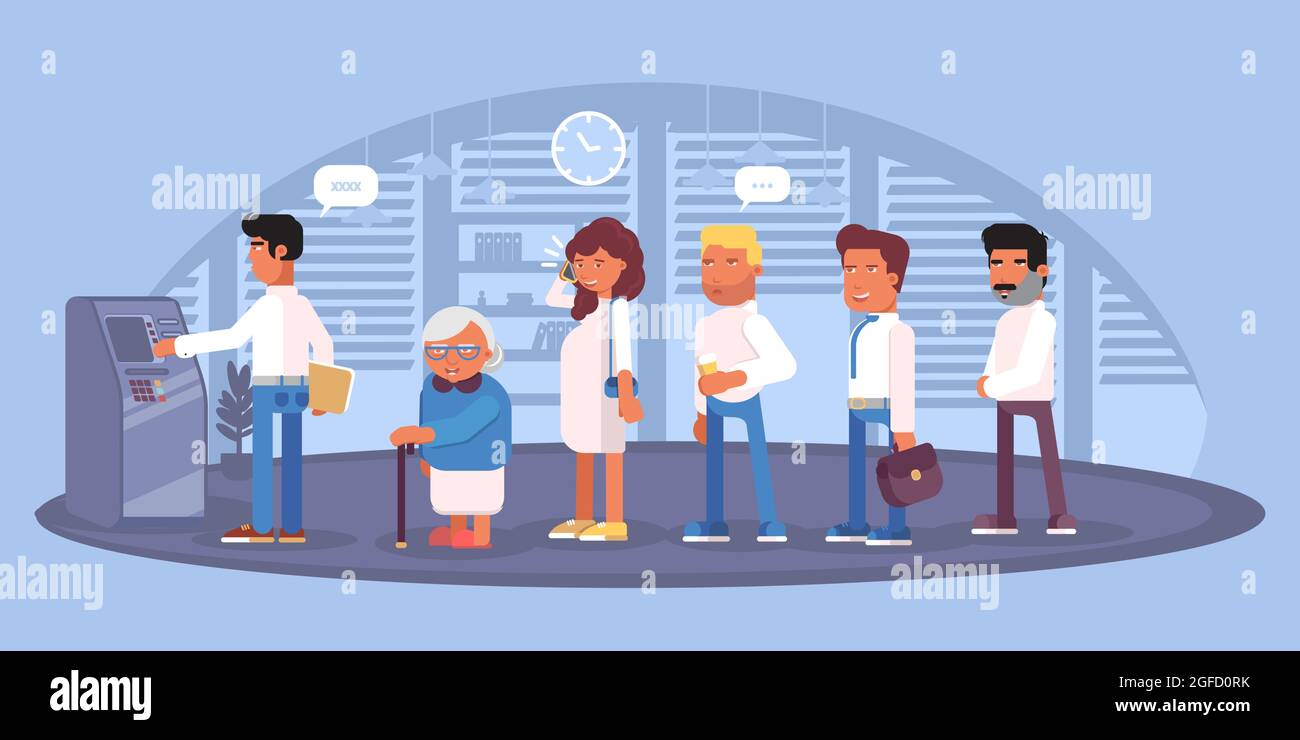 Schlange am Geldautomaten, Vektorgrafik am Geldautomaten Stock Vektor