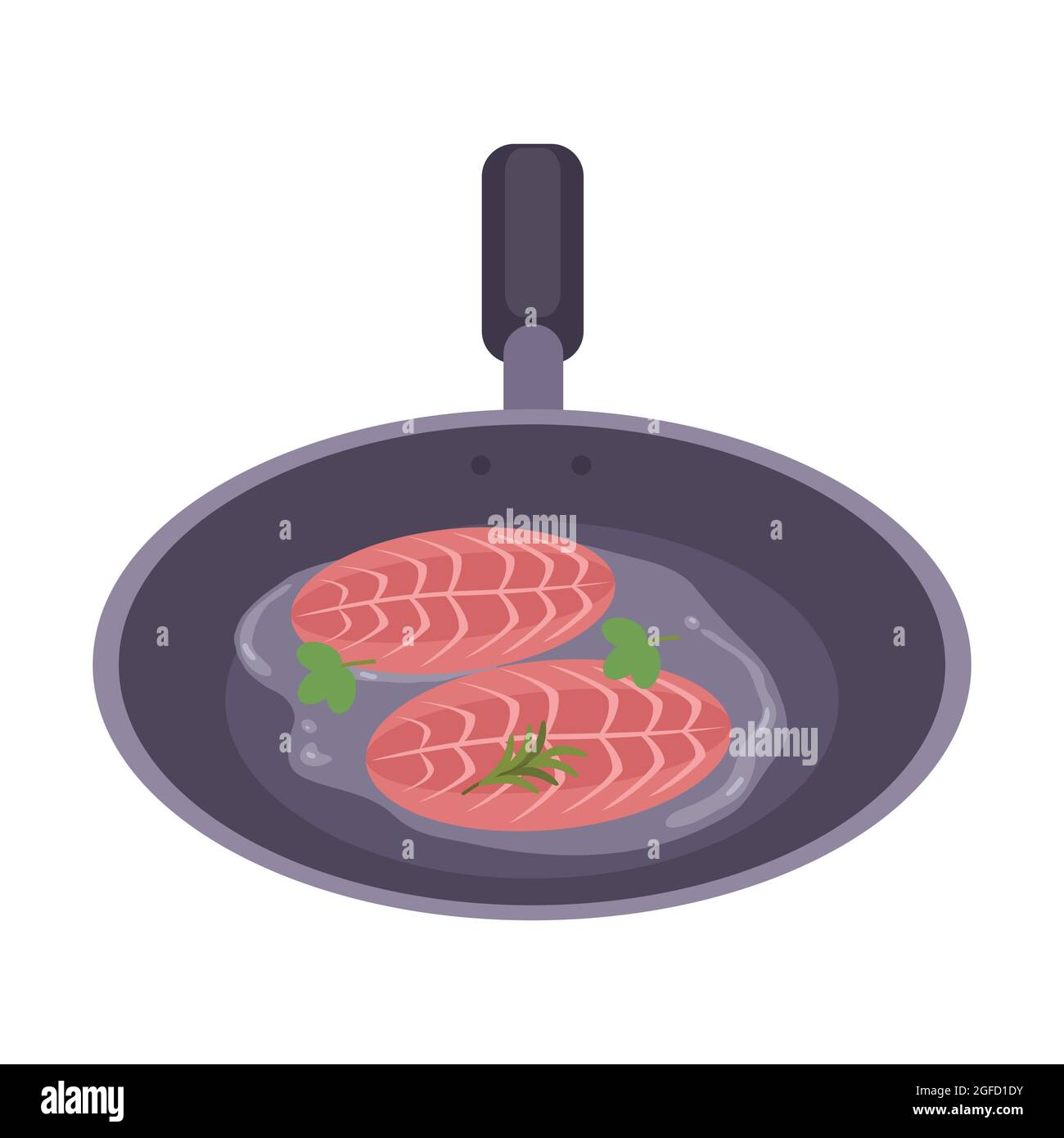Lachs Fischsteak in der Bratpfanne Illustration. Stock Vektor