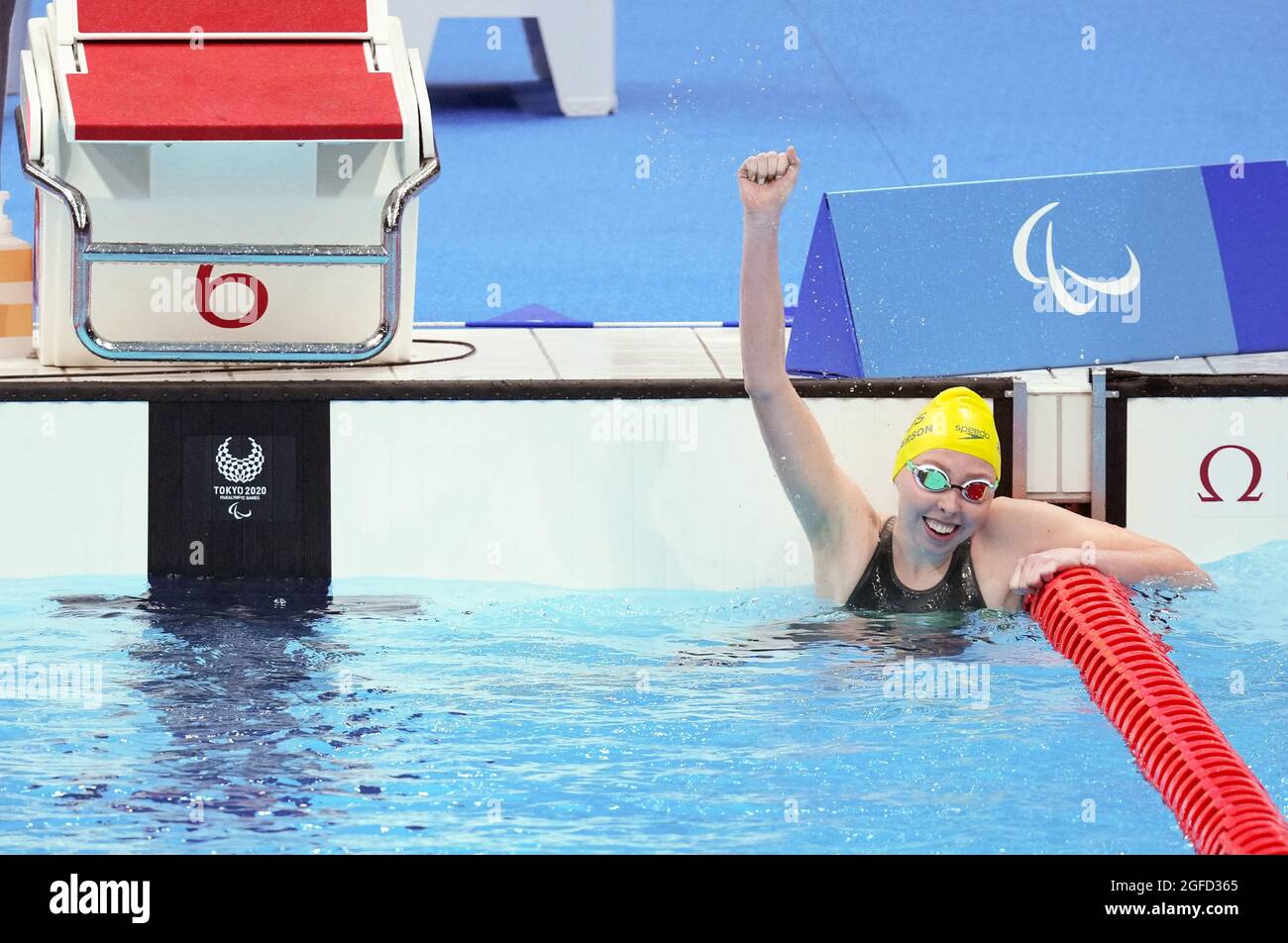 Tokio, Japan. August 2021. Patterson Lakeisha aus Australien feiert nach dem 400-m-Freistil-S9-Finale der Frau beim Schwimmen bei den Paralympischen Spielen 2020 in Tokio, Japan, am 25. August 2021. Quelle: Cai Yang/Xinhua/Alamy Live News Stockfoto