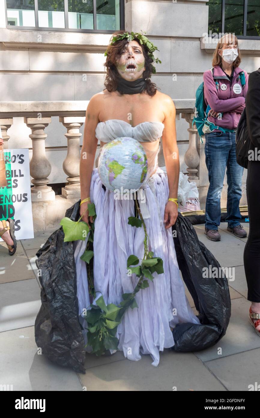 London, Großbritannien - am 25. August 2021 wird EIN Protestler in einem Plastikkostüm vor der brasilianischen Botschaft in London gesehen, der sich vor der brasilianischen Botschaft in London versammelten, um ein Ende der völkermordenden Angriffe gegen die indigenen Völker Brasiliens zu fordern. Unterstützer von Amazonasrebellion, Brazil Matters, CAFOD, Greenpeace, Parents for Future and Survival International protestieren im Rahmen der globalen Aktion „Struggle for Life“ („Luta pela Vida“) unter der Leitung der Vereinigung indigener Völker Brasiliens (APIB) gegen den brasilianischen Völkermord. Stockfoto