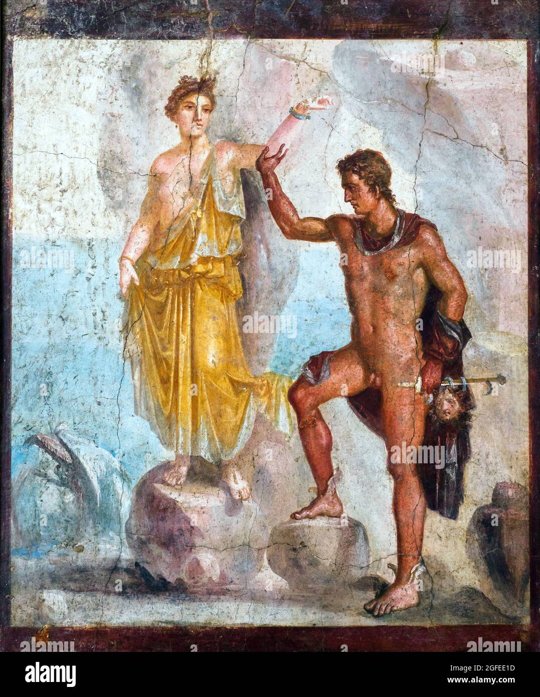 Perseus und Andromeda Perseus hilft dem jungen Andromeda, aus dem Felsen, an den sie gekettet war, zu steigen, mit dem Schwert und dem Gorgonkopf, den er gerade vom Kopf abgeschnitten hatte, Fresko Pompeji, Casa dei Dioscuri (Haus der Dioscuri) 62-79 n. Chr. Stockfoto