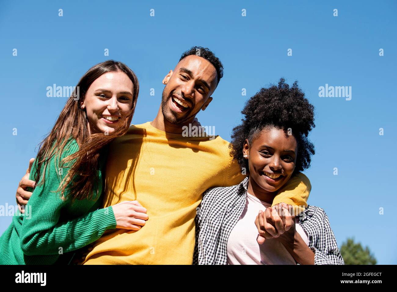 Porträt lächelnder junger Freunde, die mit dem Arm im öffentlichen Park stehen Stockfoto