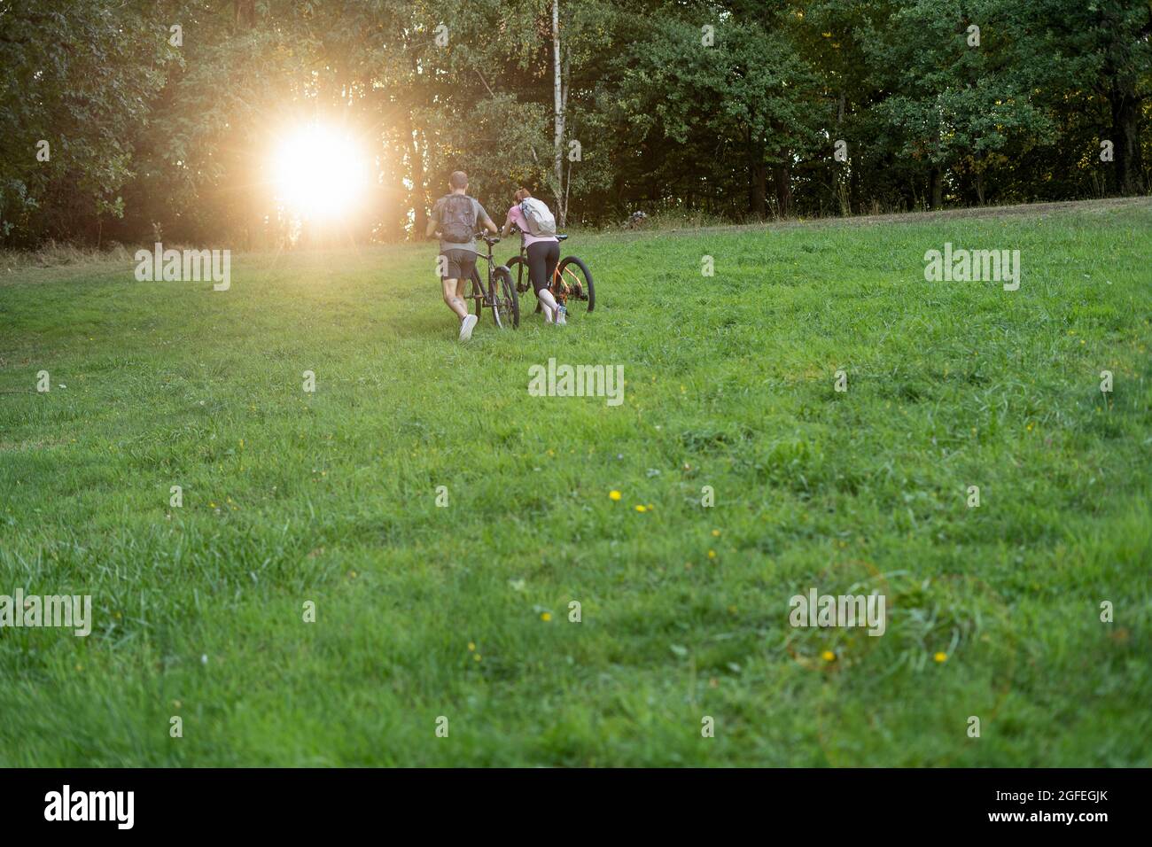 Junges Paar zu Fuß mit Fahrrädern im Wald Stockfoto