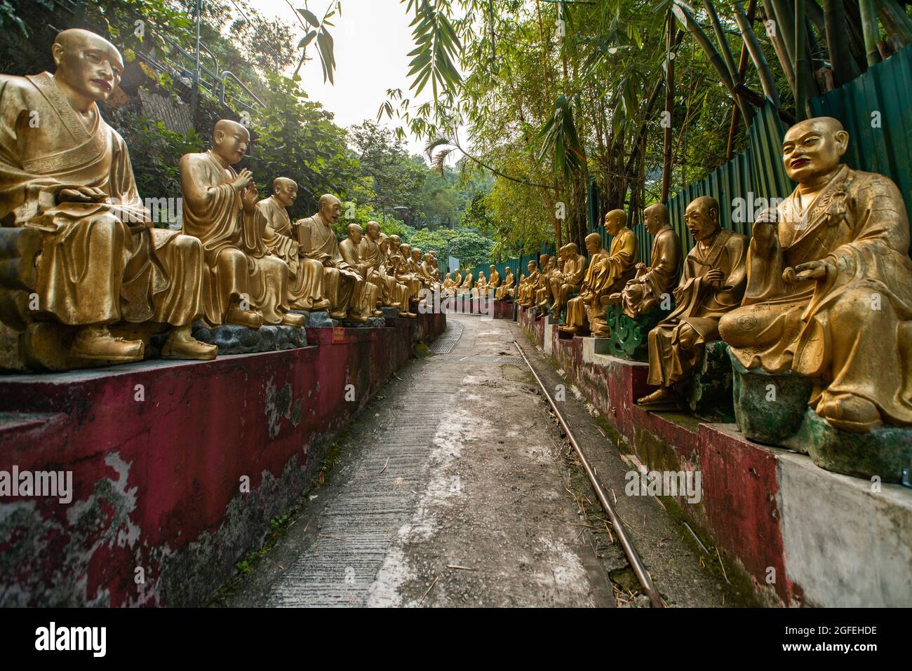 Reihen der goldenen Statue im Zehntausend Buddhas Kloster Stockfoto